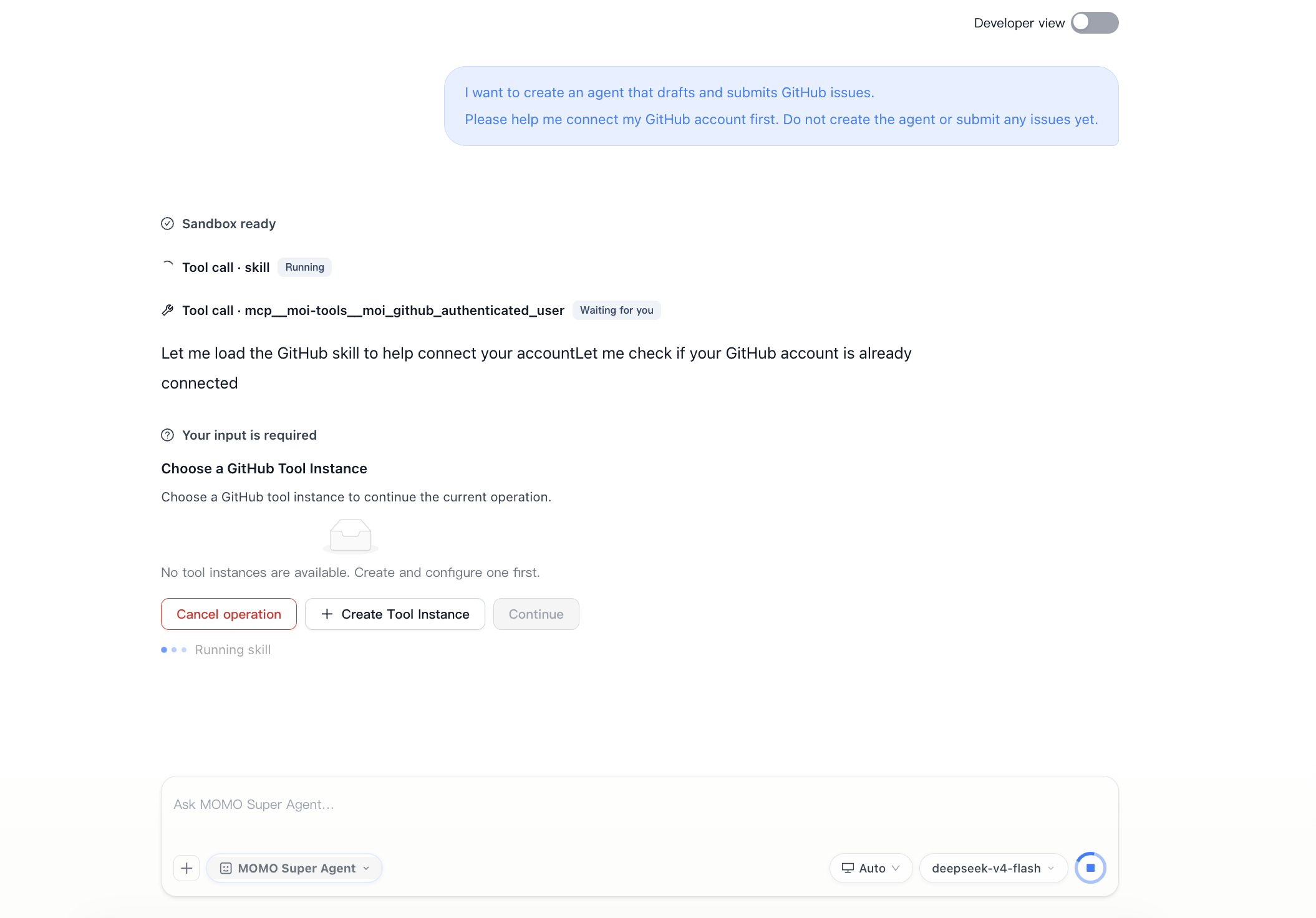 Connect GitHub and select a tool instance in the conversation