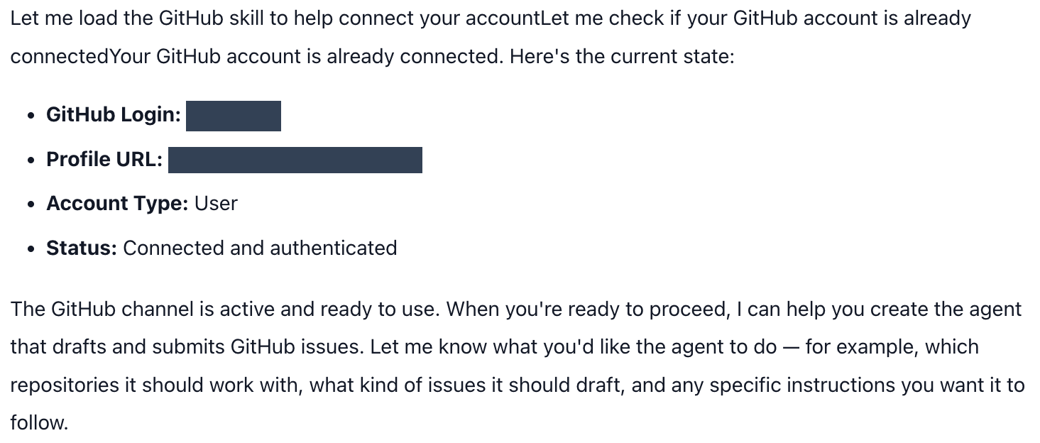 The conversation confirms that GitHub is connected