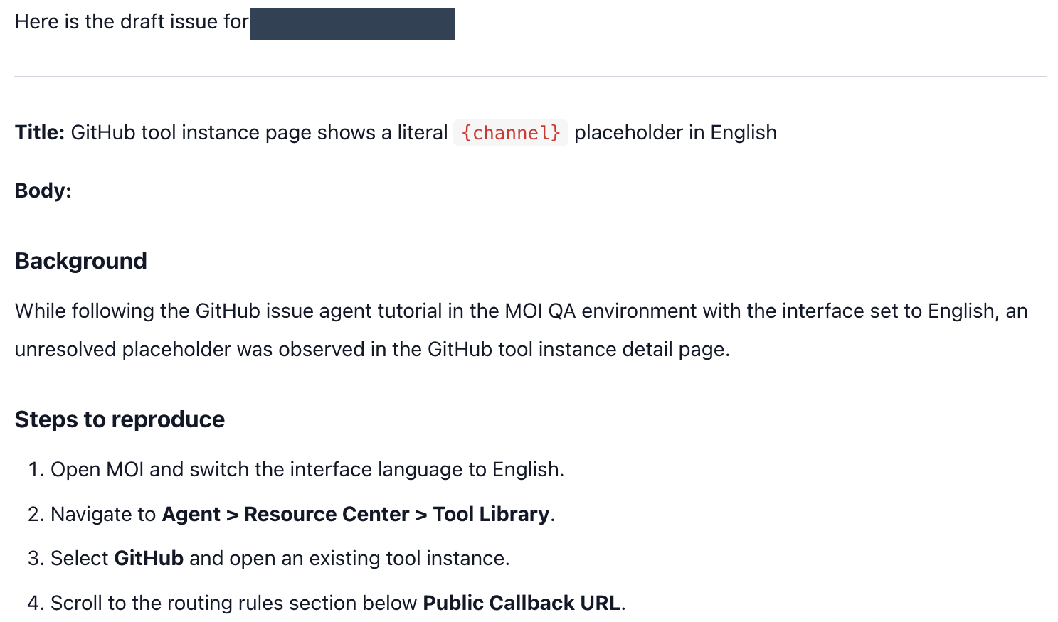 English issue draft title, background, and reproduction steps