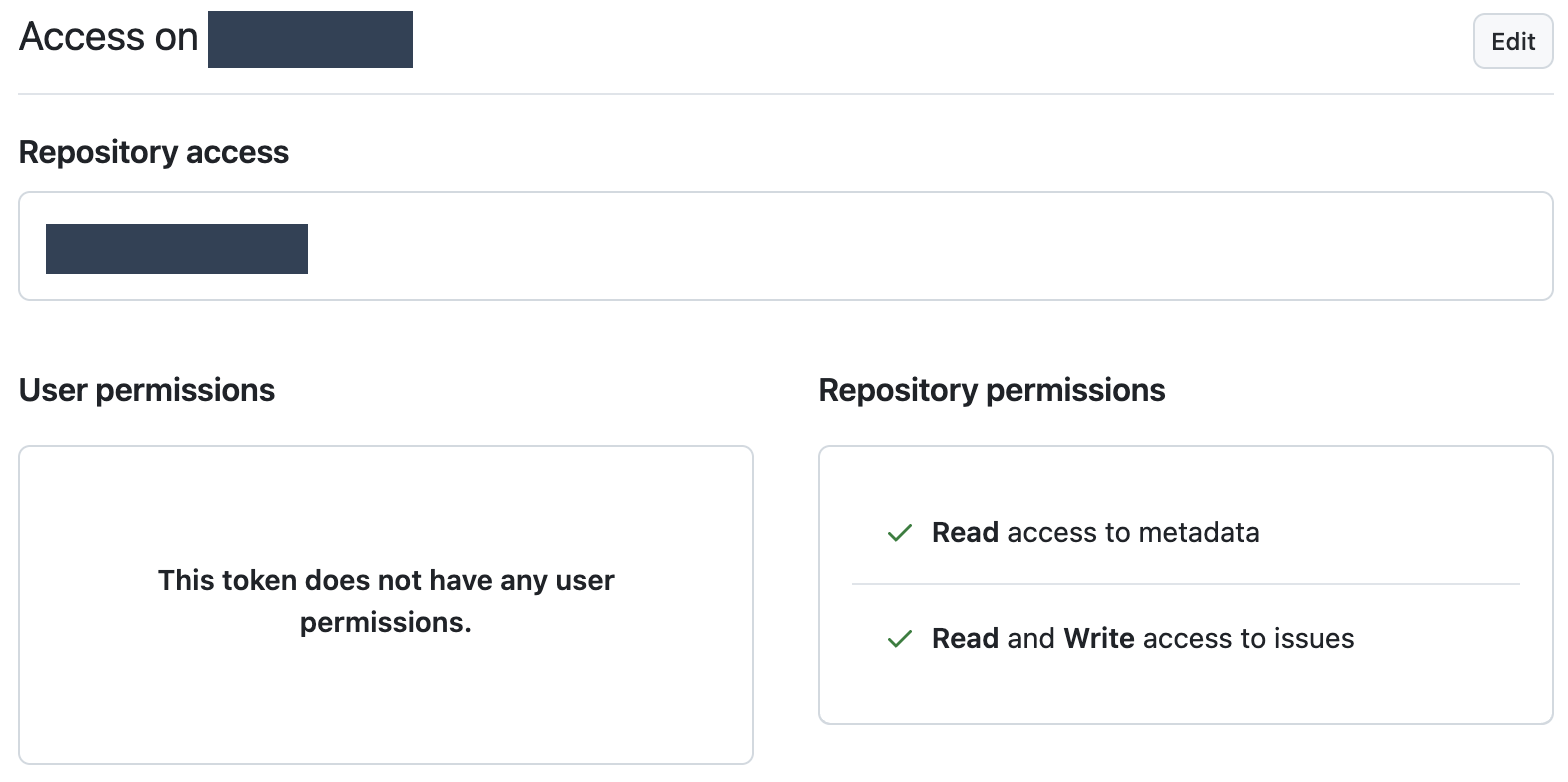 Repository access and Issues permissions for a GitHub fine-grained personal access token