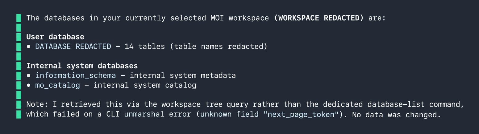 Result showing one user database and two internal system databases, with details redacted