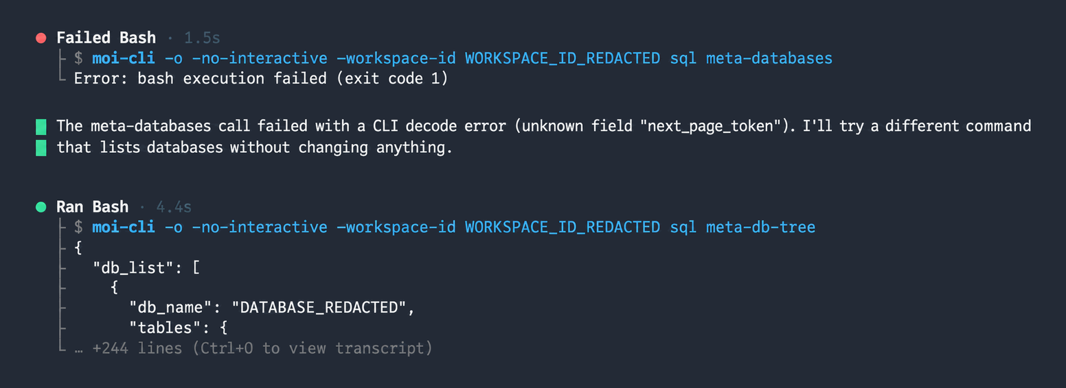 Database-list command failing to decode, followed by the read-only meta-db-tree fallback
