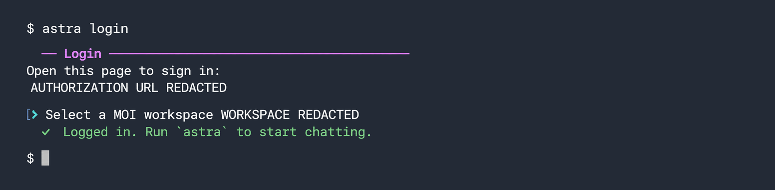 Terminal showing workspace selection and Logged in, with authorization and workspace details redacted