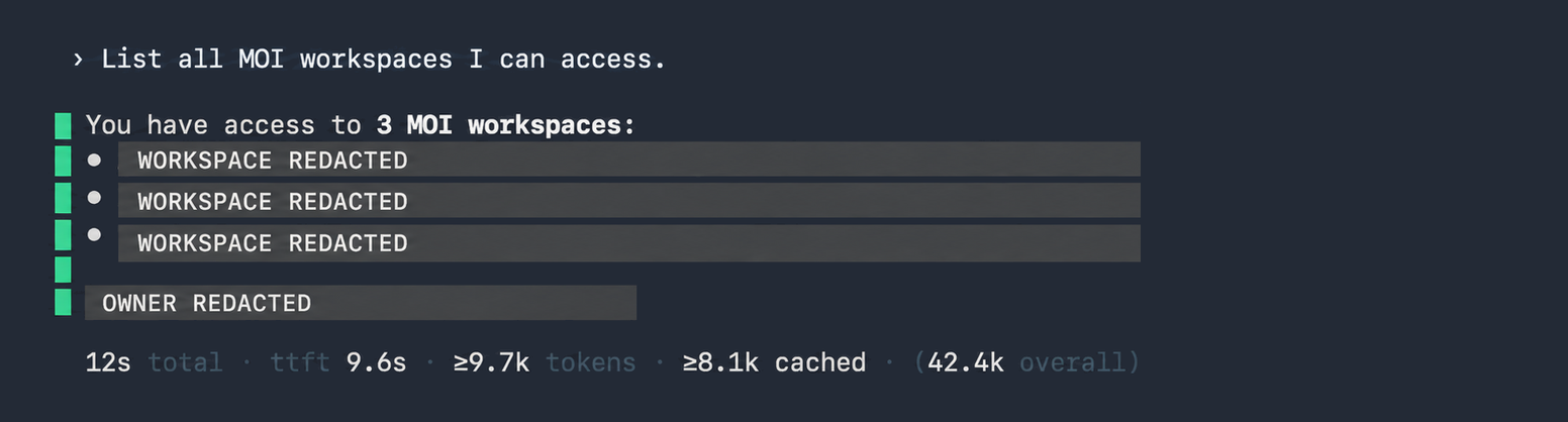 Privacy-redacted Astra workspace result with workspace names, IDs, and owner details covered