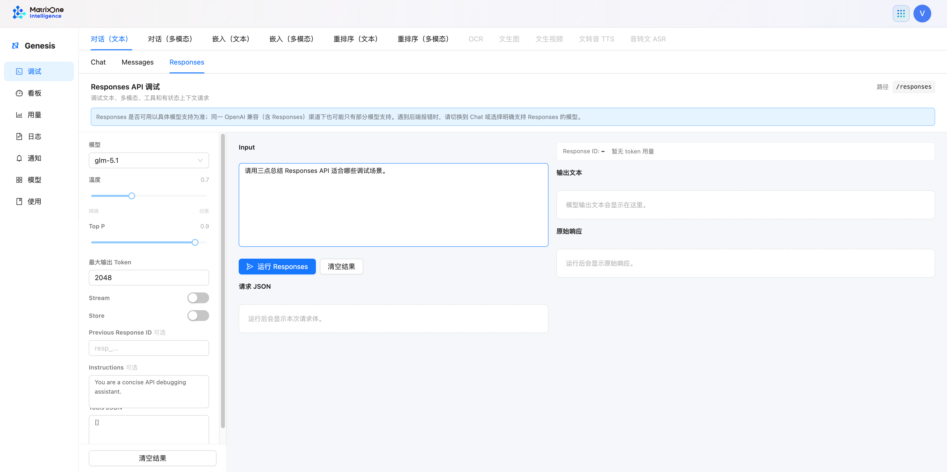 Text Responses debug page with model, Store, Previous Response ID, Instructions, Tools JSON, and response areas.