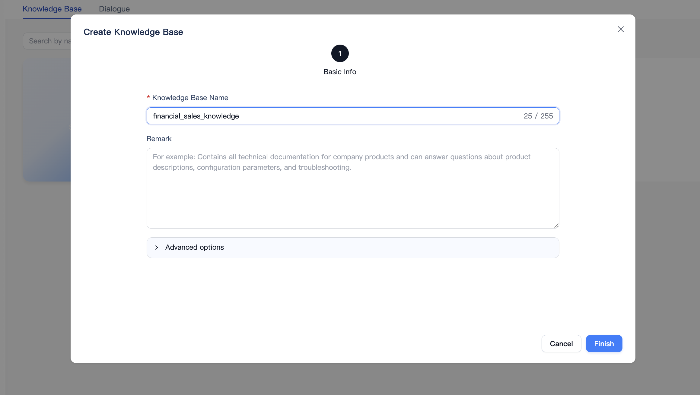 Creating the financial_sales_knowledge knowledge base