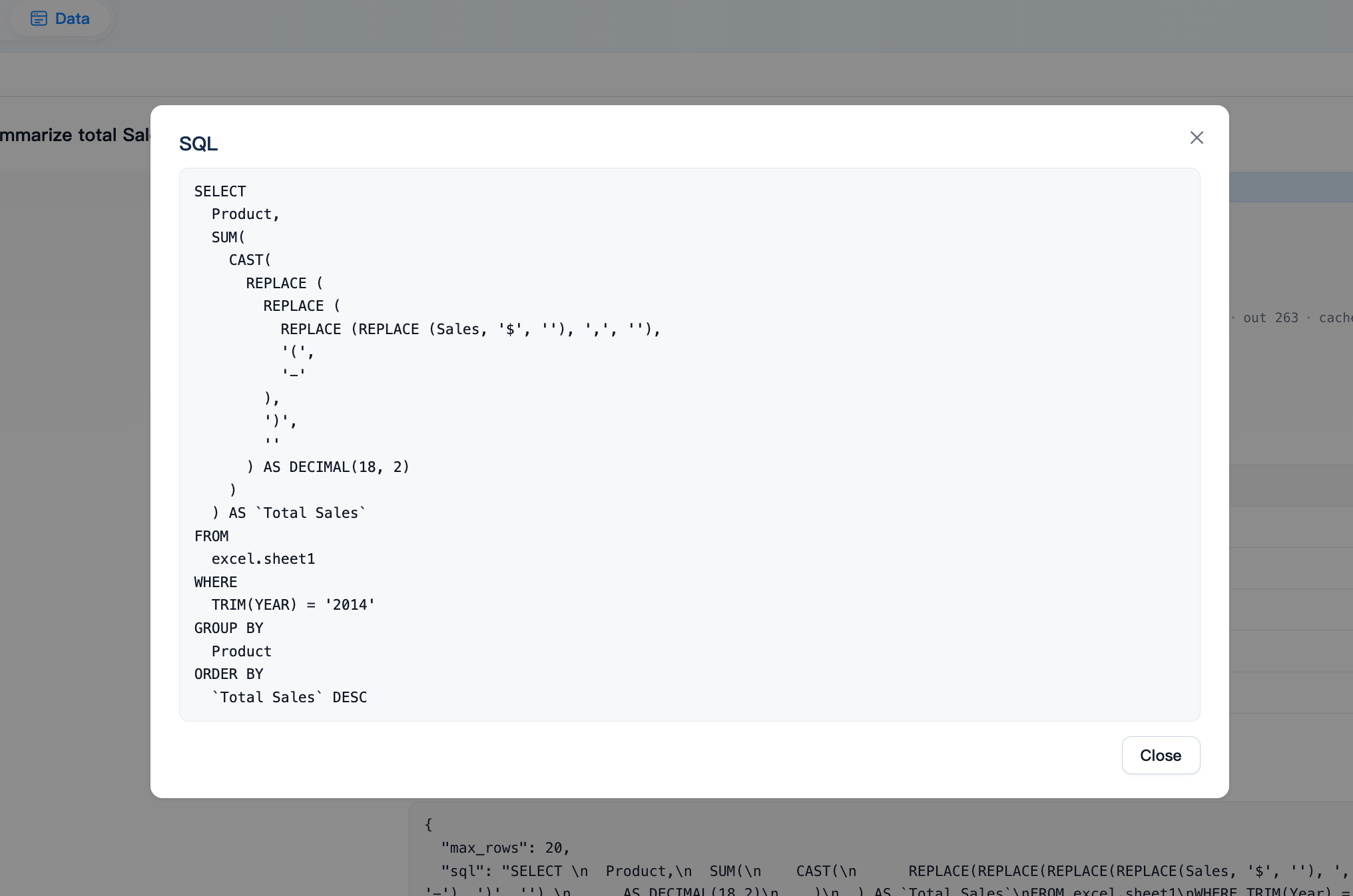 SQL for the 2014 product query, including sales conversion, year filtering, grouping, and descending sorting