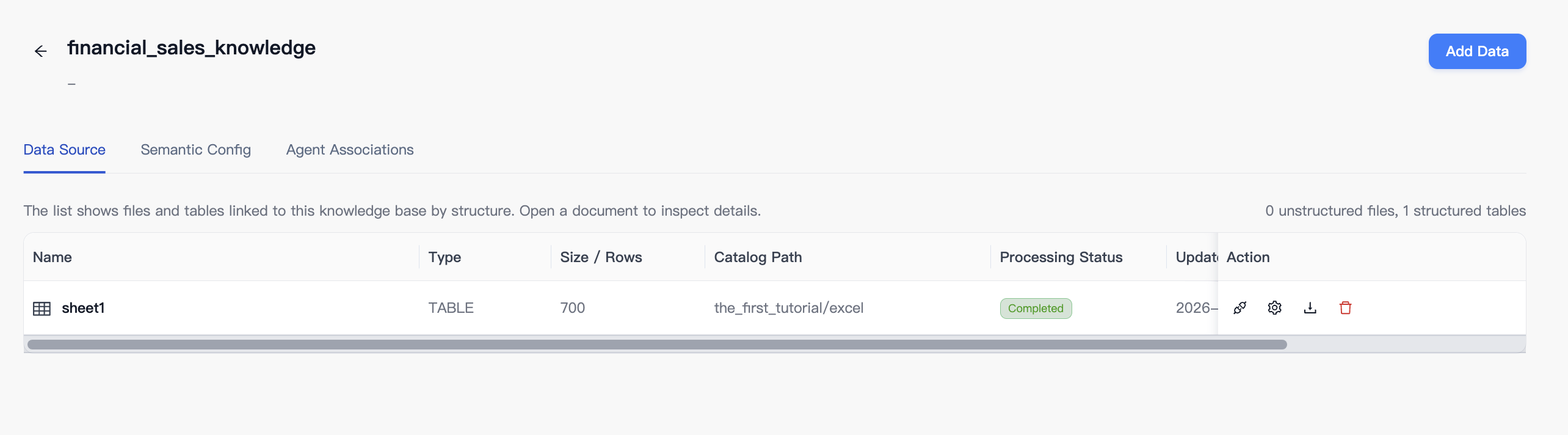 Knowledge base data source showing sheet1 with 700 rows and Completed status