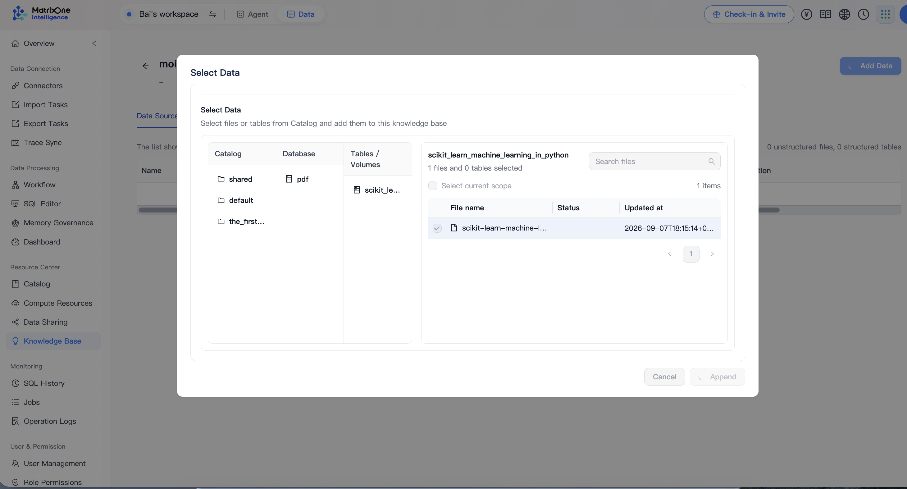 Select Data window with the scikit-learn PDF selected from a Catalog volume
