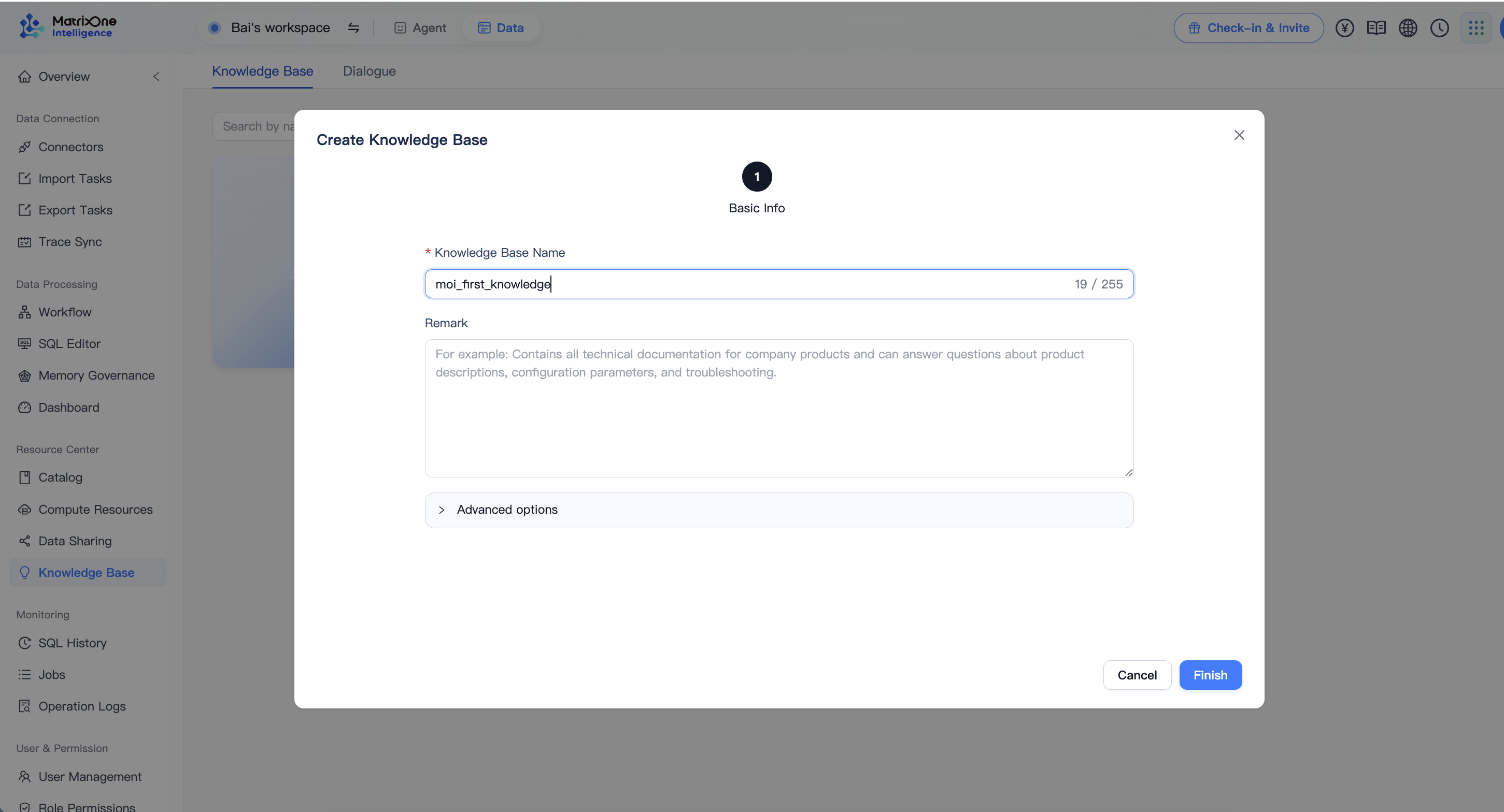Create Knowledge Base dialog with moi_first_knowledge entered and the Finish button available