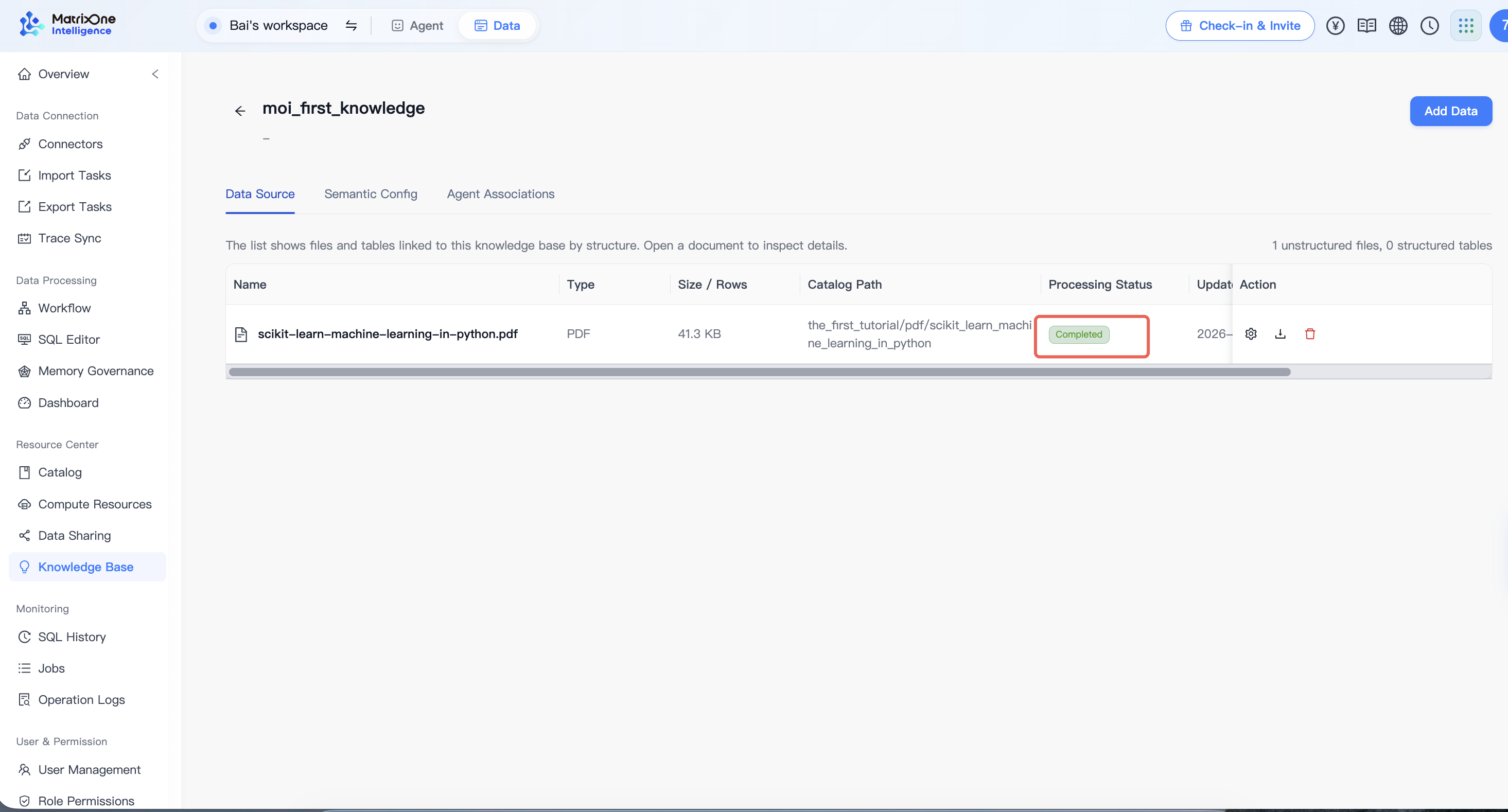 The scikit-learn PDF listed as one unstructured file with Processing Status set to Completed