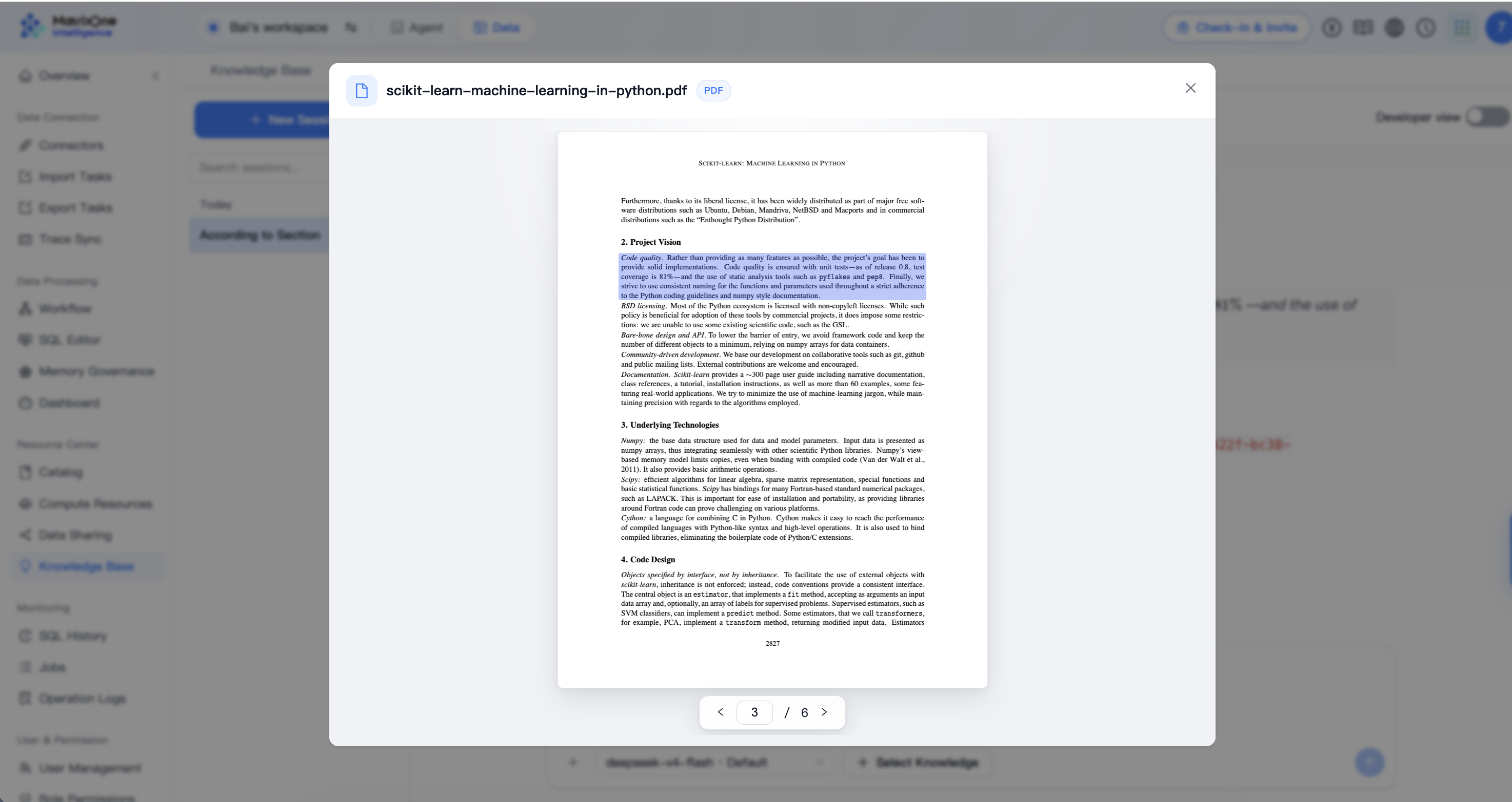 Source PDF preview on page 3 of 6 with the Code quality paragraph highlighted, showing 81 percent coverage, pyflakes, and pep8