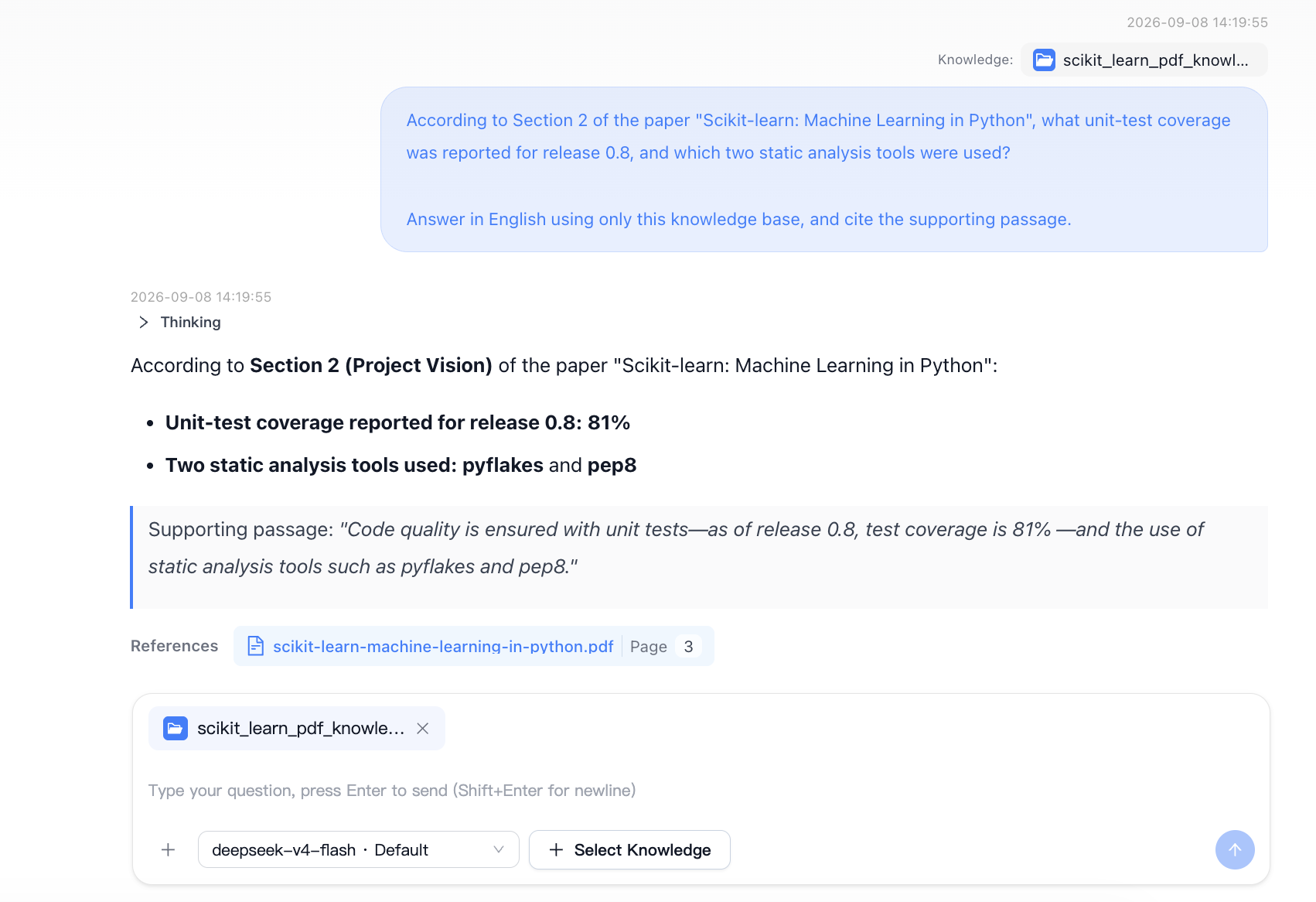English answer reporting 81 percent test coverage, pyflakes and pep8, with a reference to PDF page 3