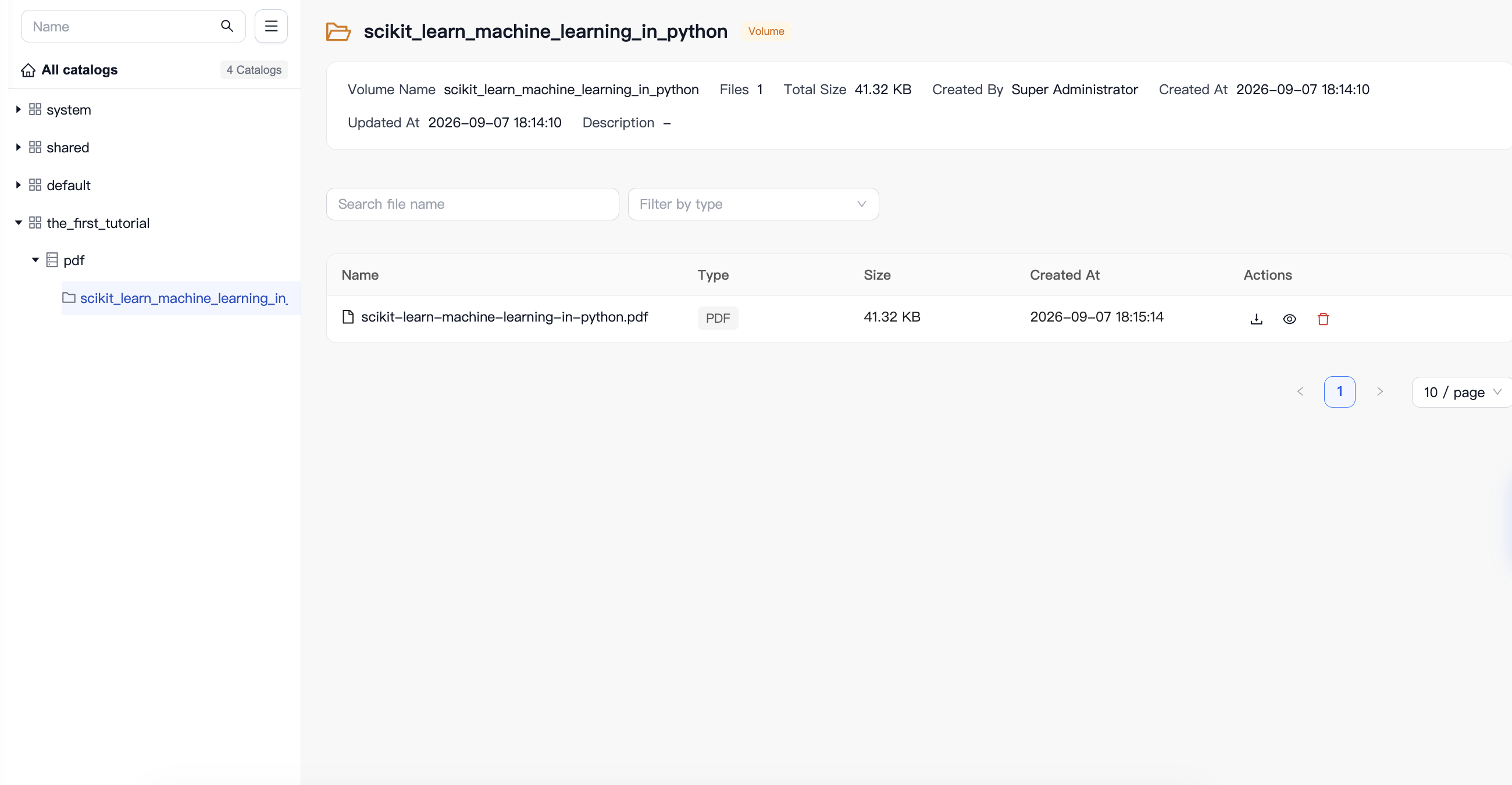 Catalog volume containing one scikit-learn PDF with a size of 41.32 KB