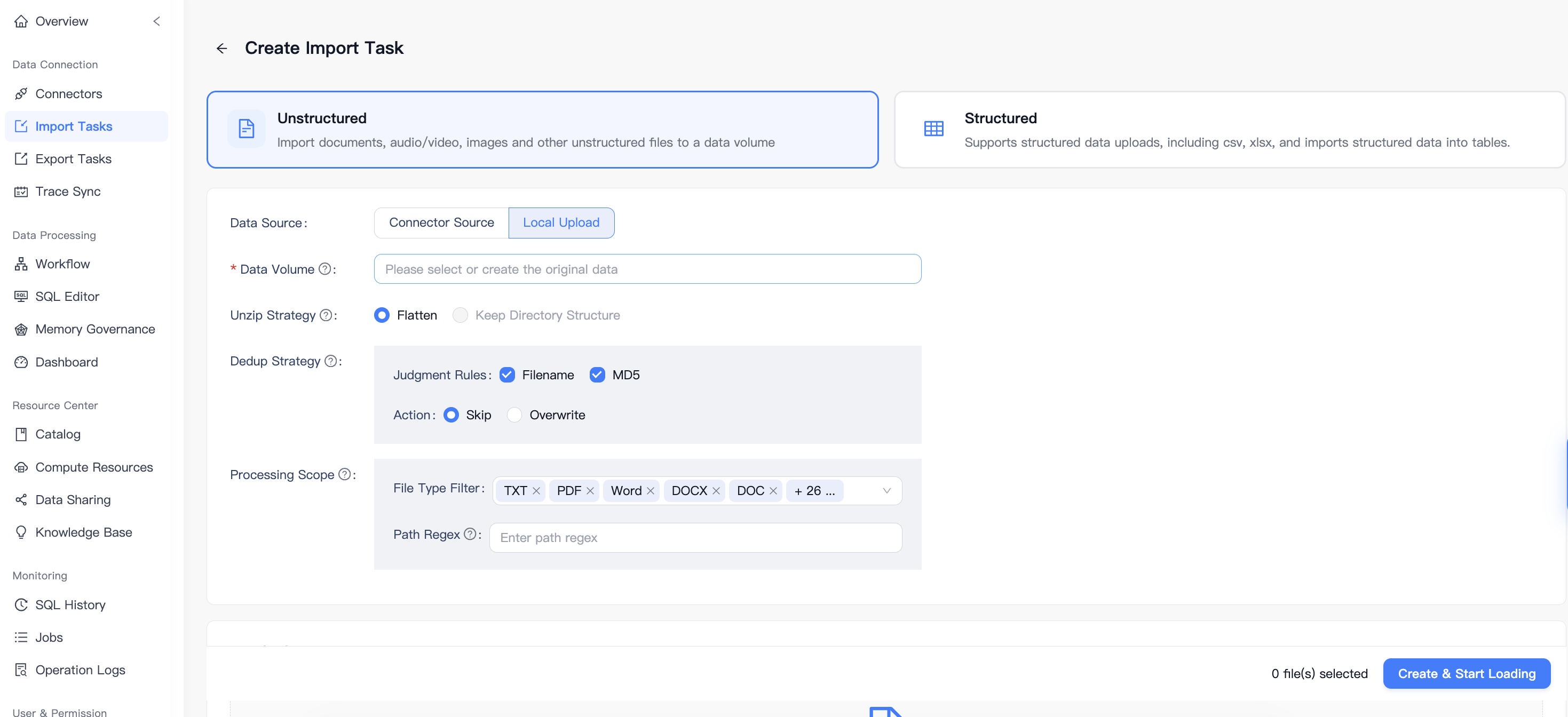 Create Import Task with Unstructured and Local Upload selected and Data Volume awaiting a destination