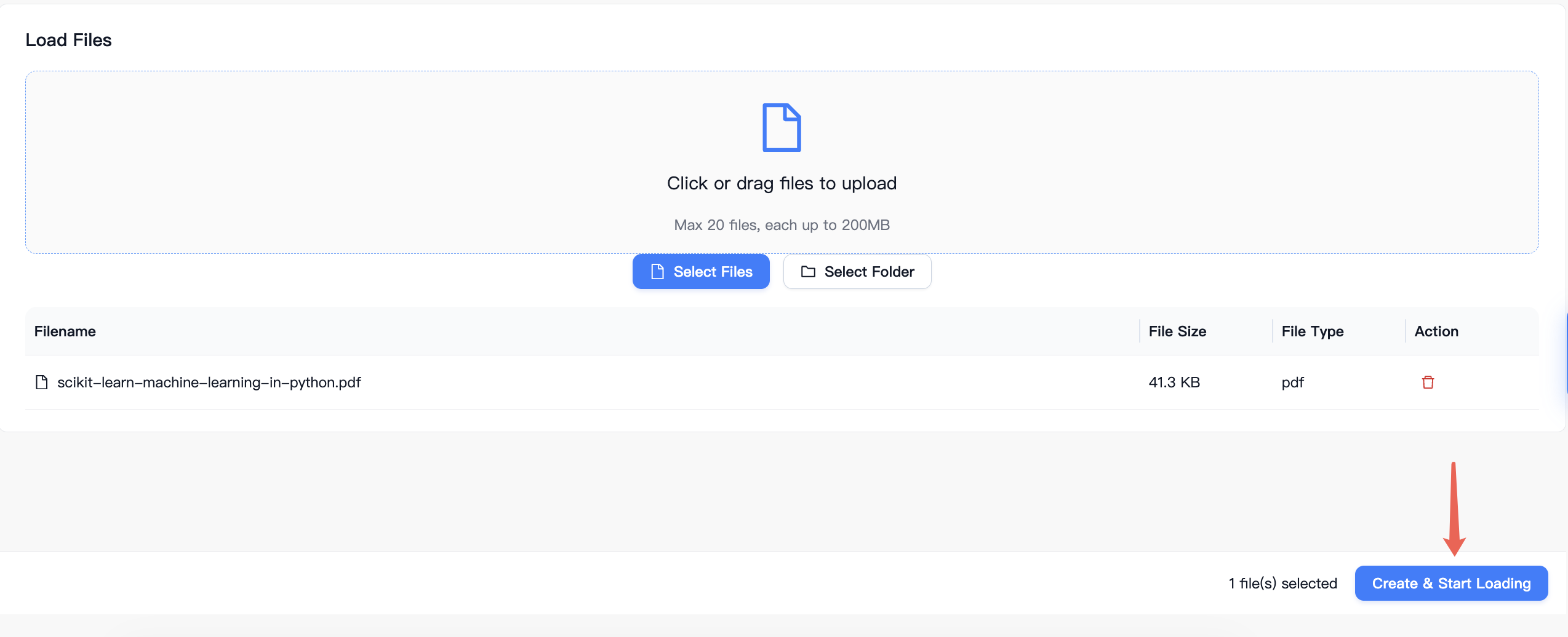 The English sample PDF selected in Load Files with the Create and Start Loading button highlighted