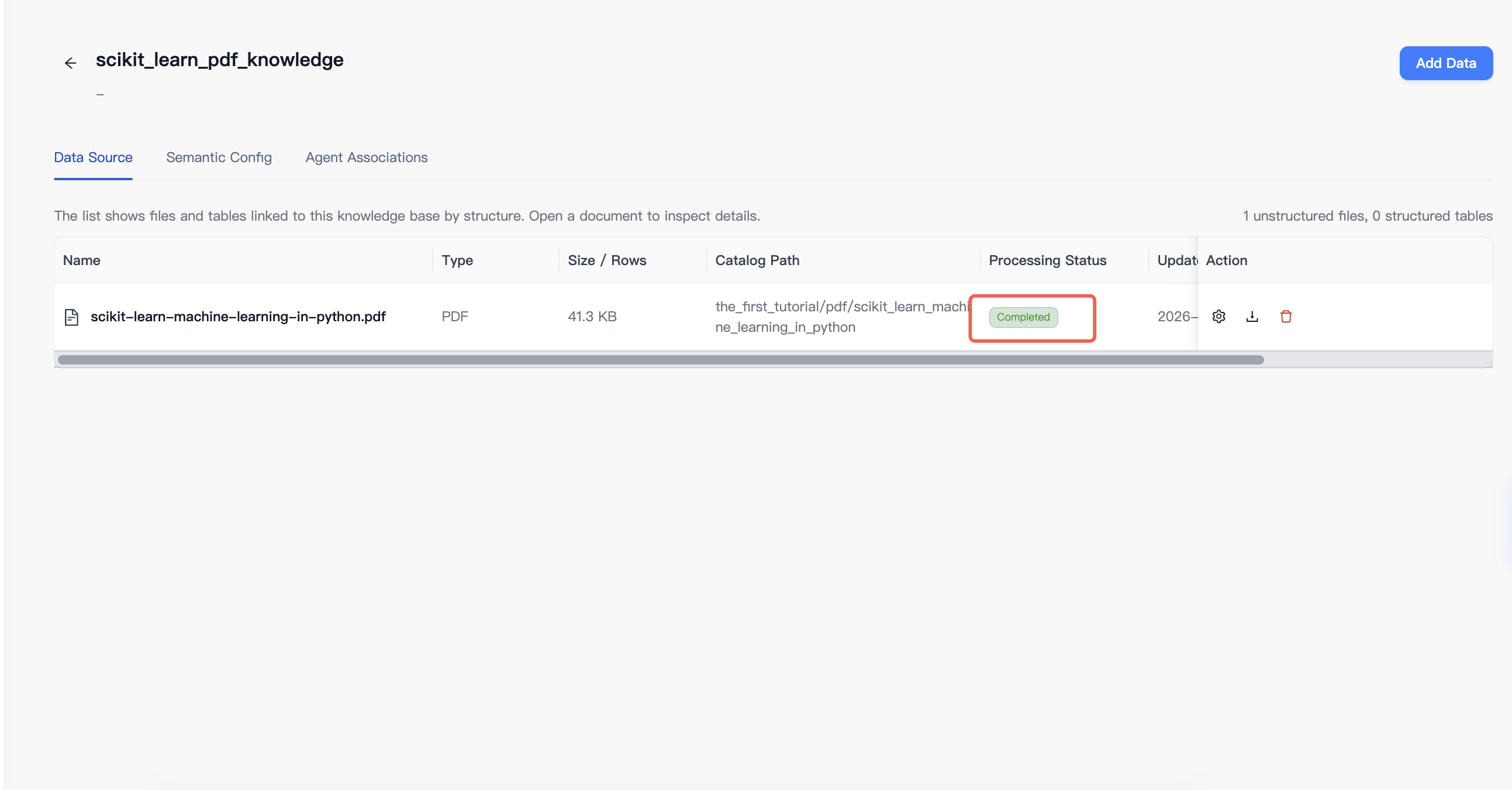 scikit_learn_pdf_knowledge containing one PDF with Processing Status shown as Completed