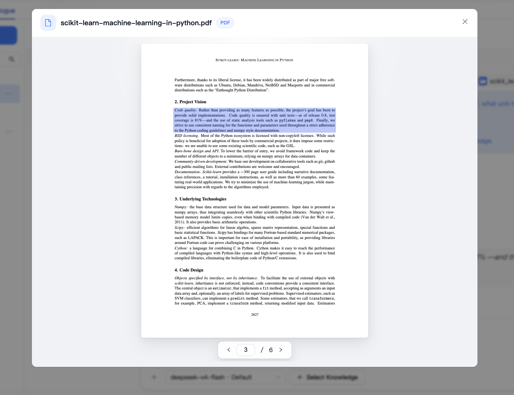 PDF preview on page 3 of 6 with the supporting Project Vision paragraph highlighted