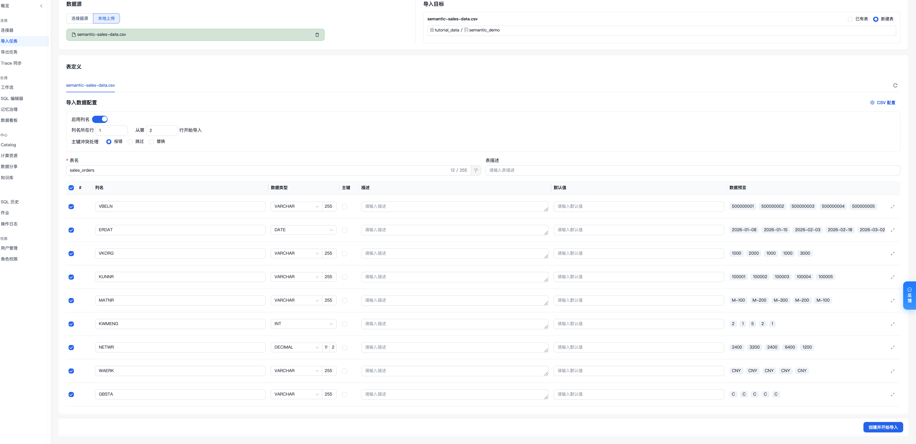 Importing the SAP-style sales order CSV and setting NETWR to DECIMAL(15,2)