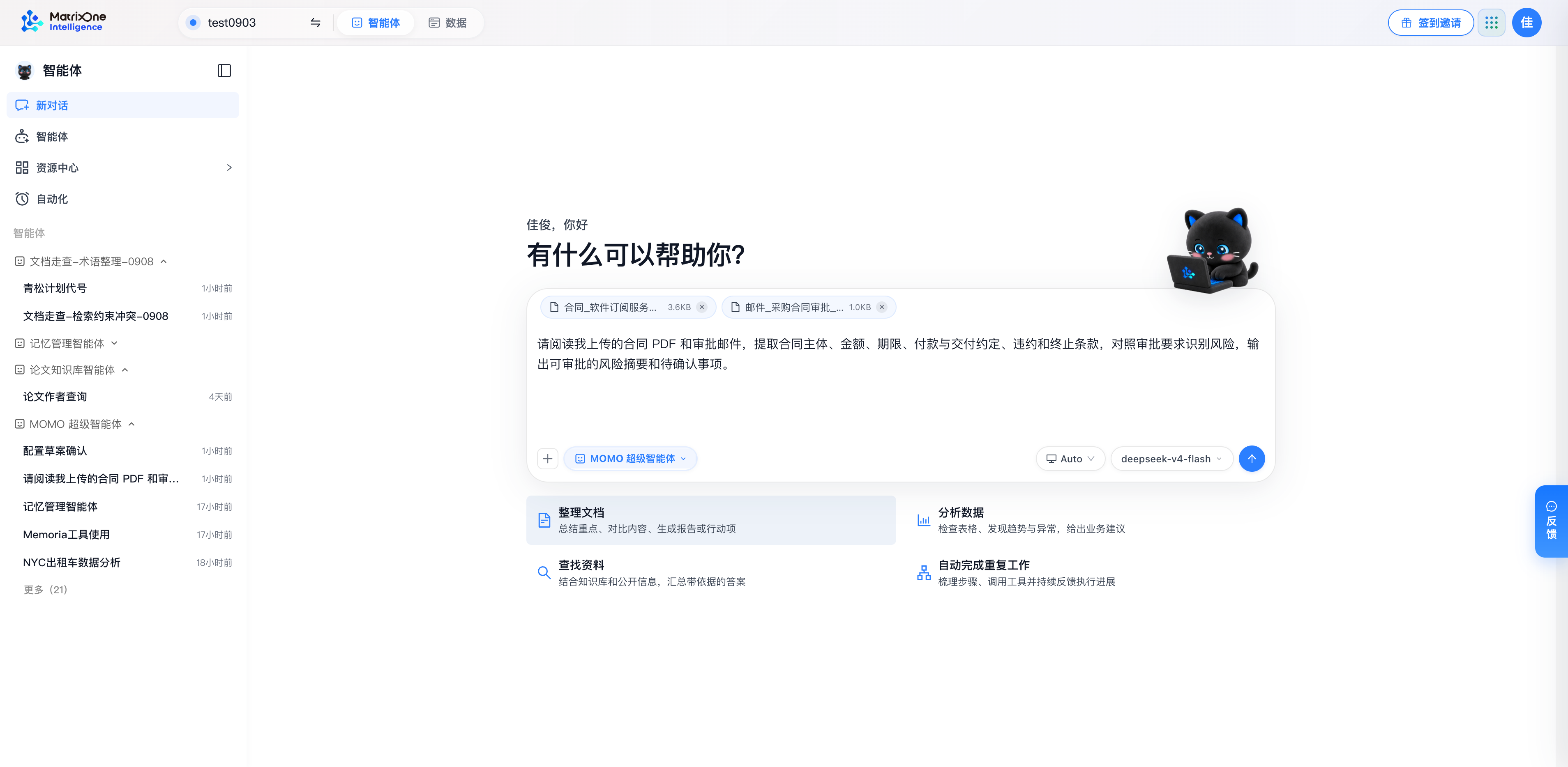 “整理文档”已填入需求和示例附件；检查输入后再发送。