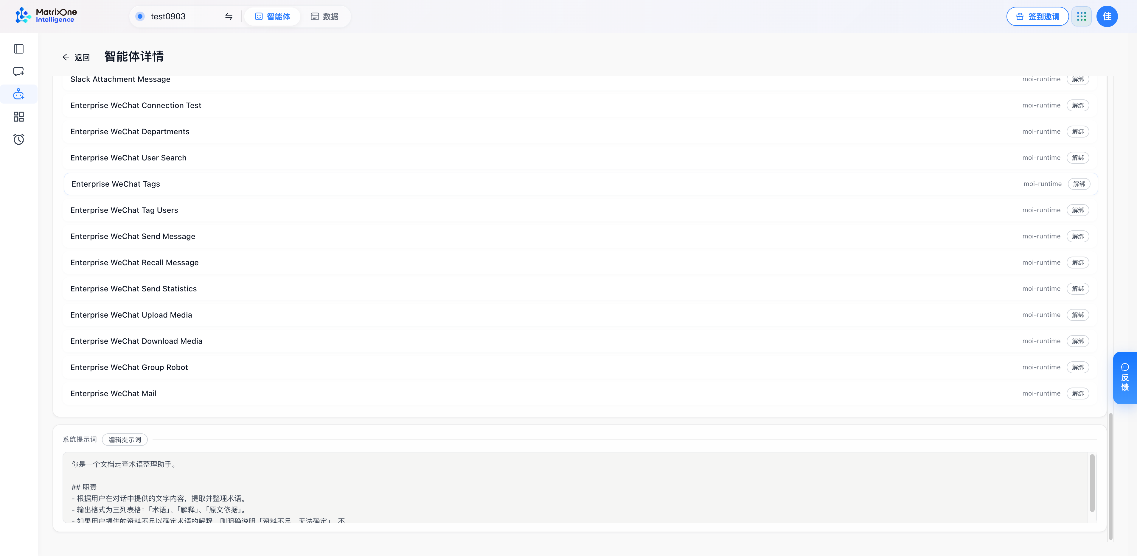 智能体详情下部的系统提示词及资源区域；编辑后需要重新检查保存结果。