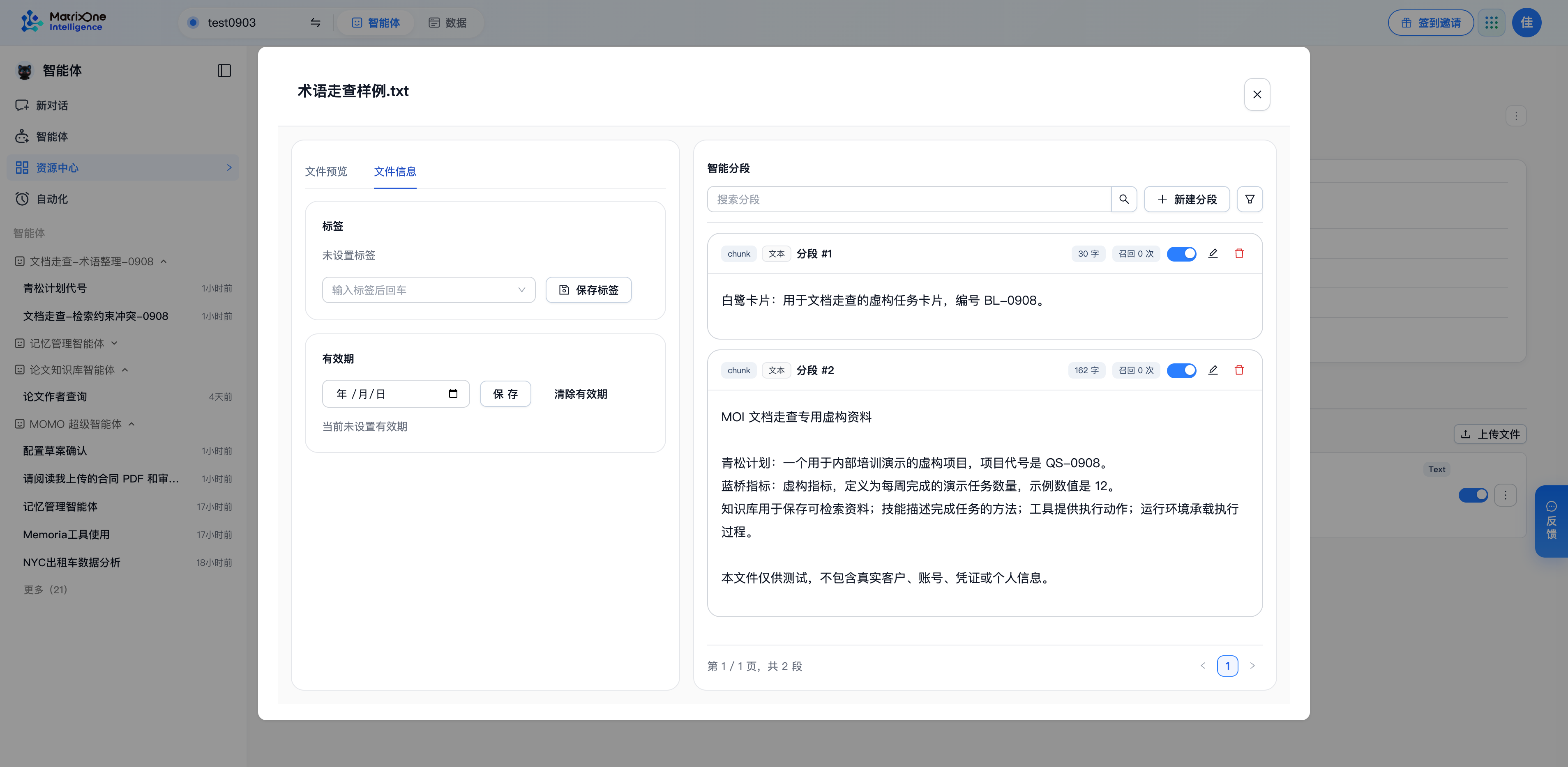 文件信息中可维护标签和有效期，并结合预览检查资料内容。