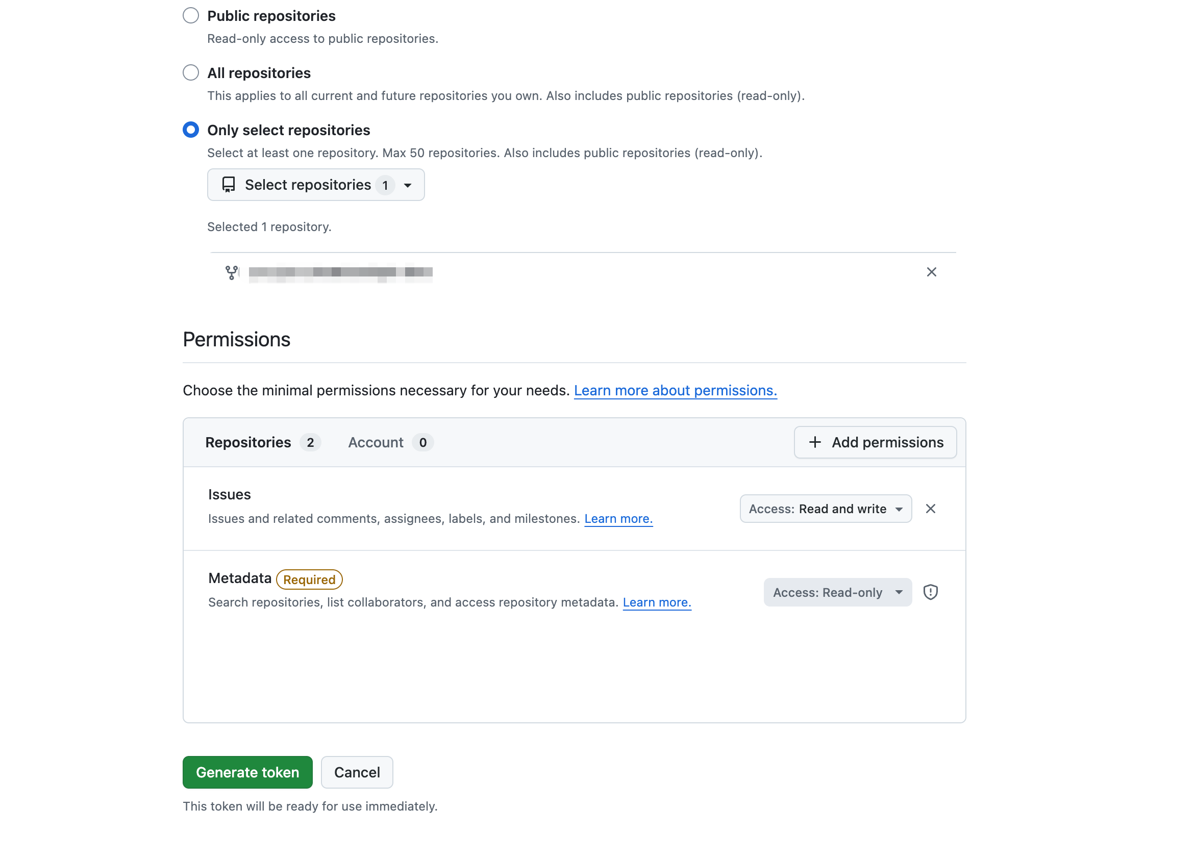 GitHub Fine-grained Token 的仓库范围和 Issues 权限配置