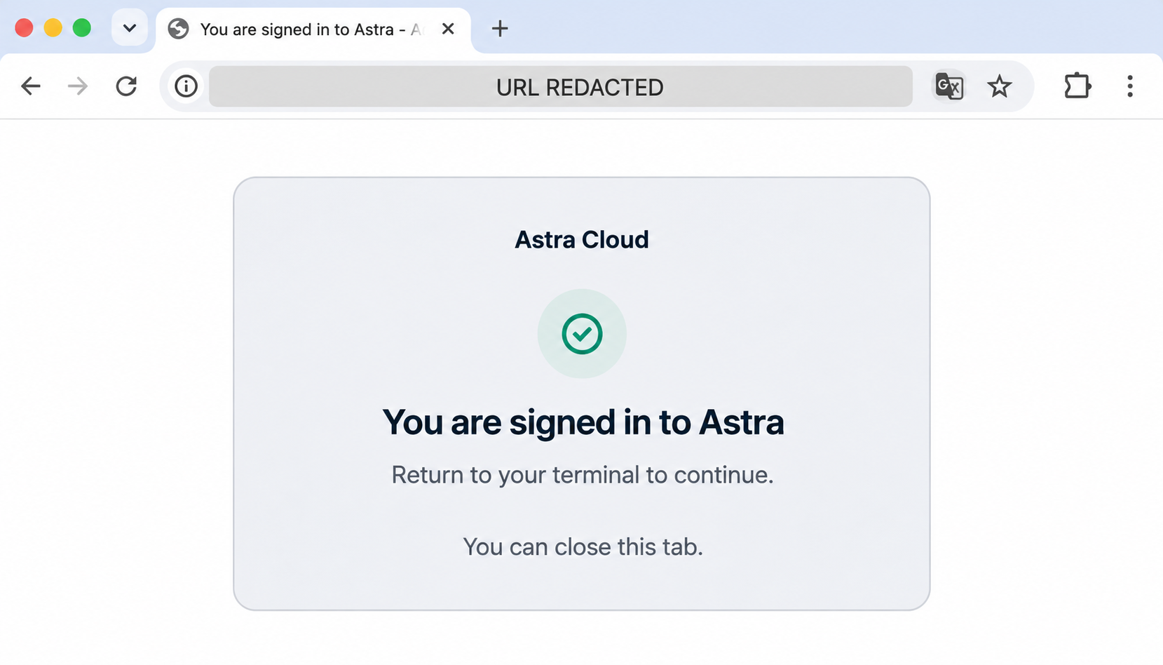 已脱敏的 Astra 浏览器登录成功页，地址栏已遮盖