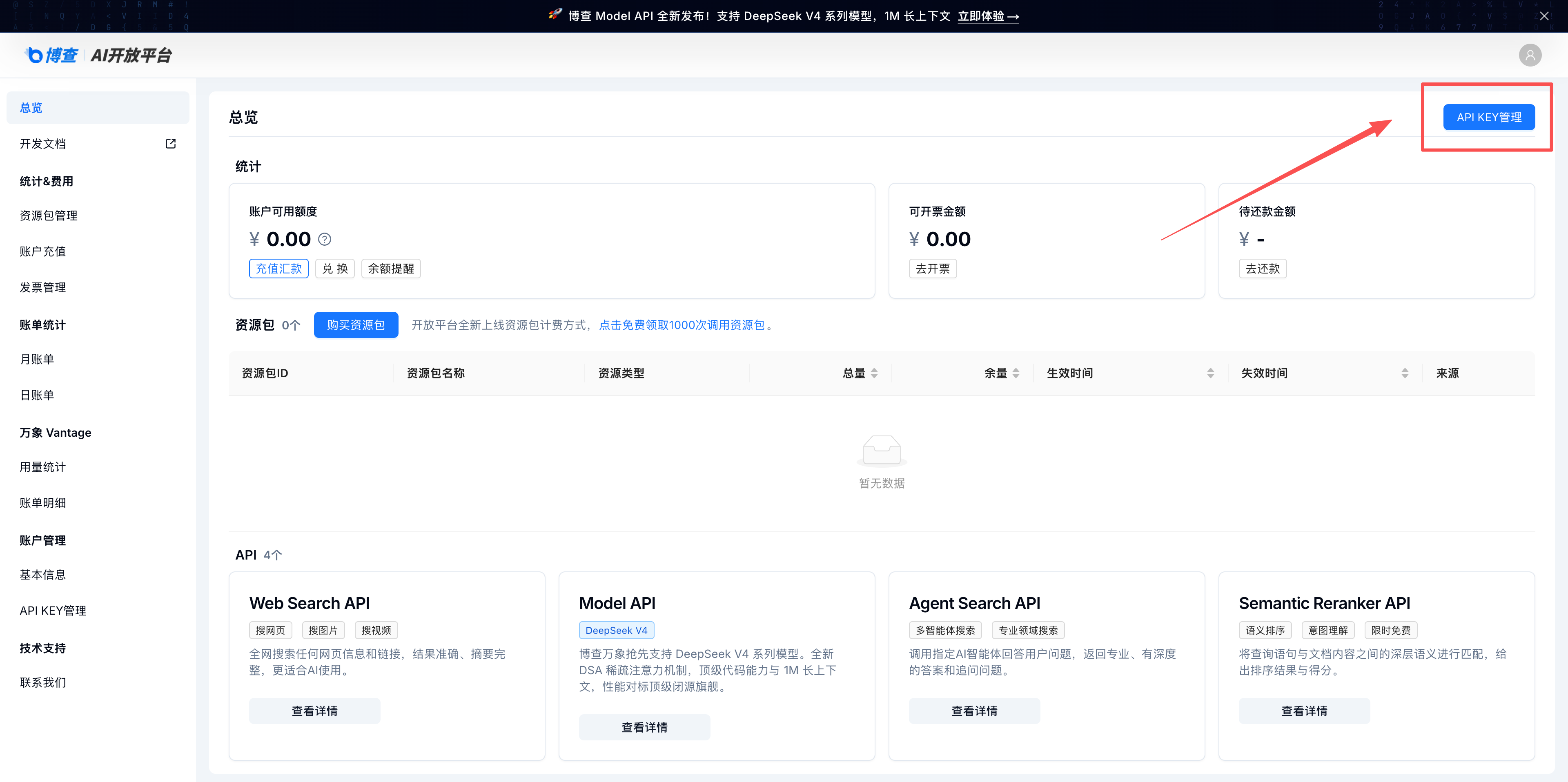 博查开放平台总览页面右上角的 API KEY 管理入口。
