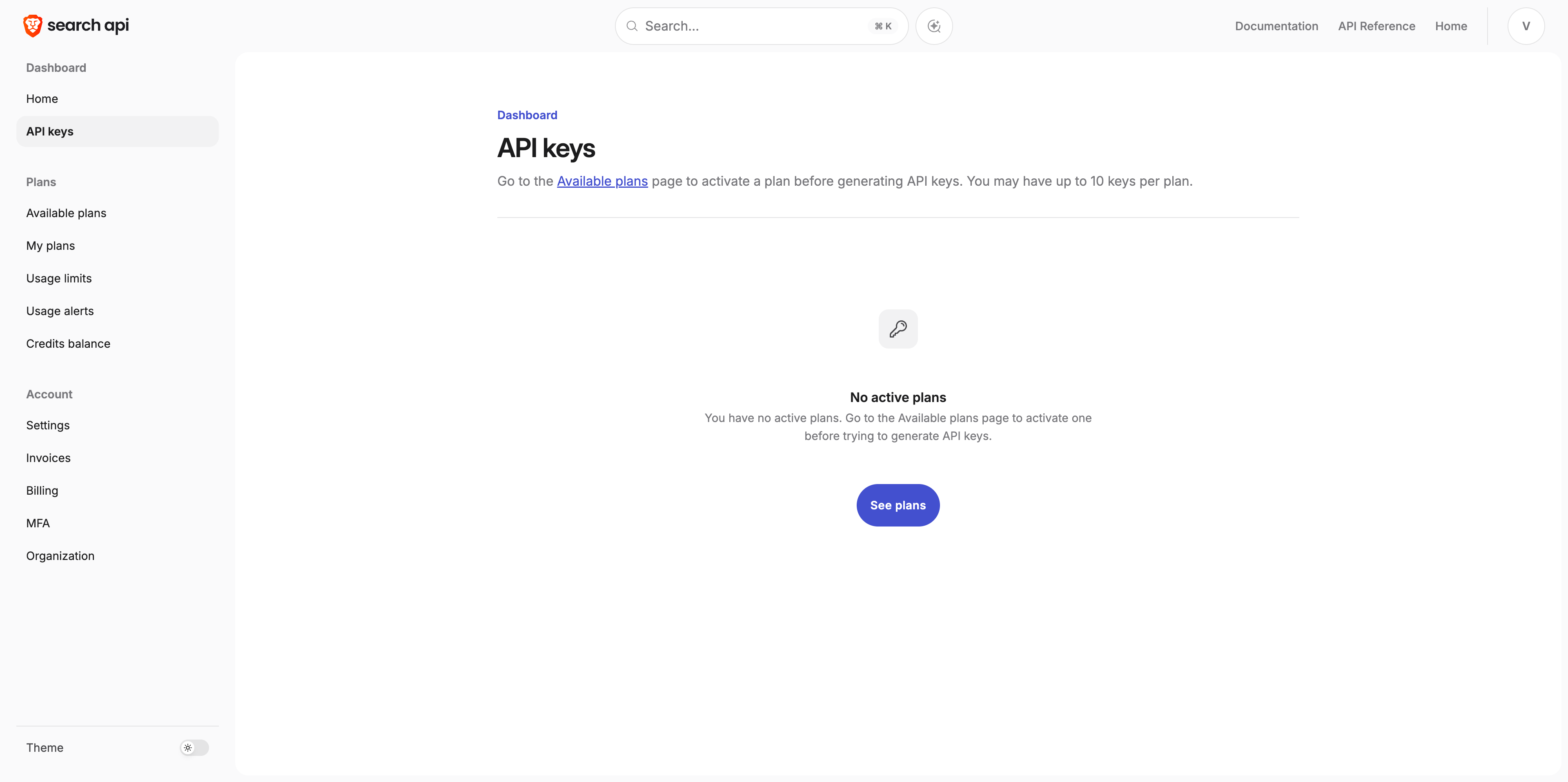 Brave Search API 控制台的 API keys 页面。