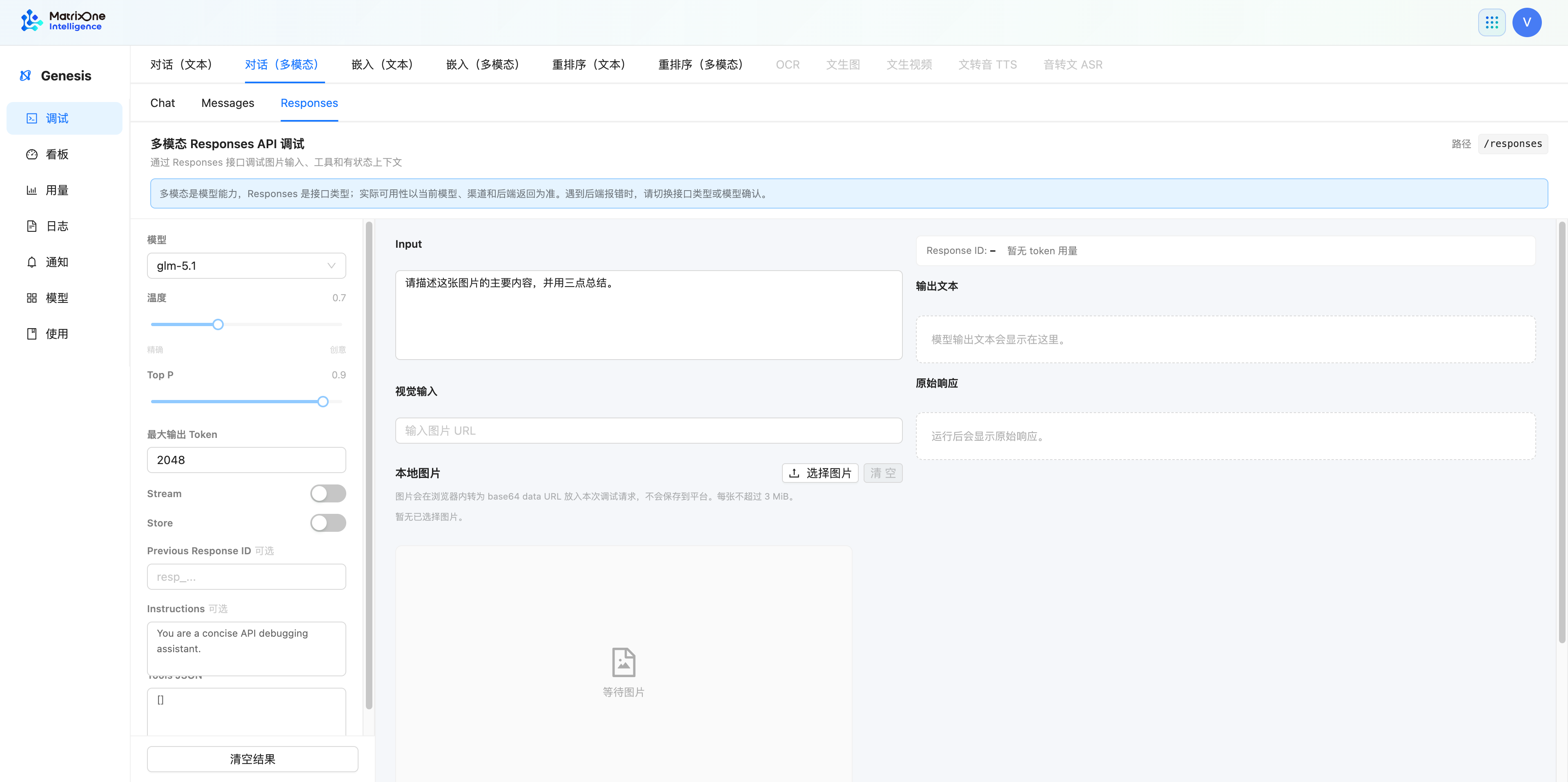 多模态 Responses 调试页,包含图文输入、Store、Previous Response ID、Instructions 和 Tools JSON。