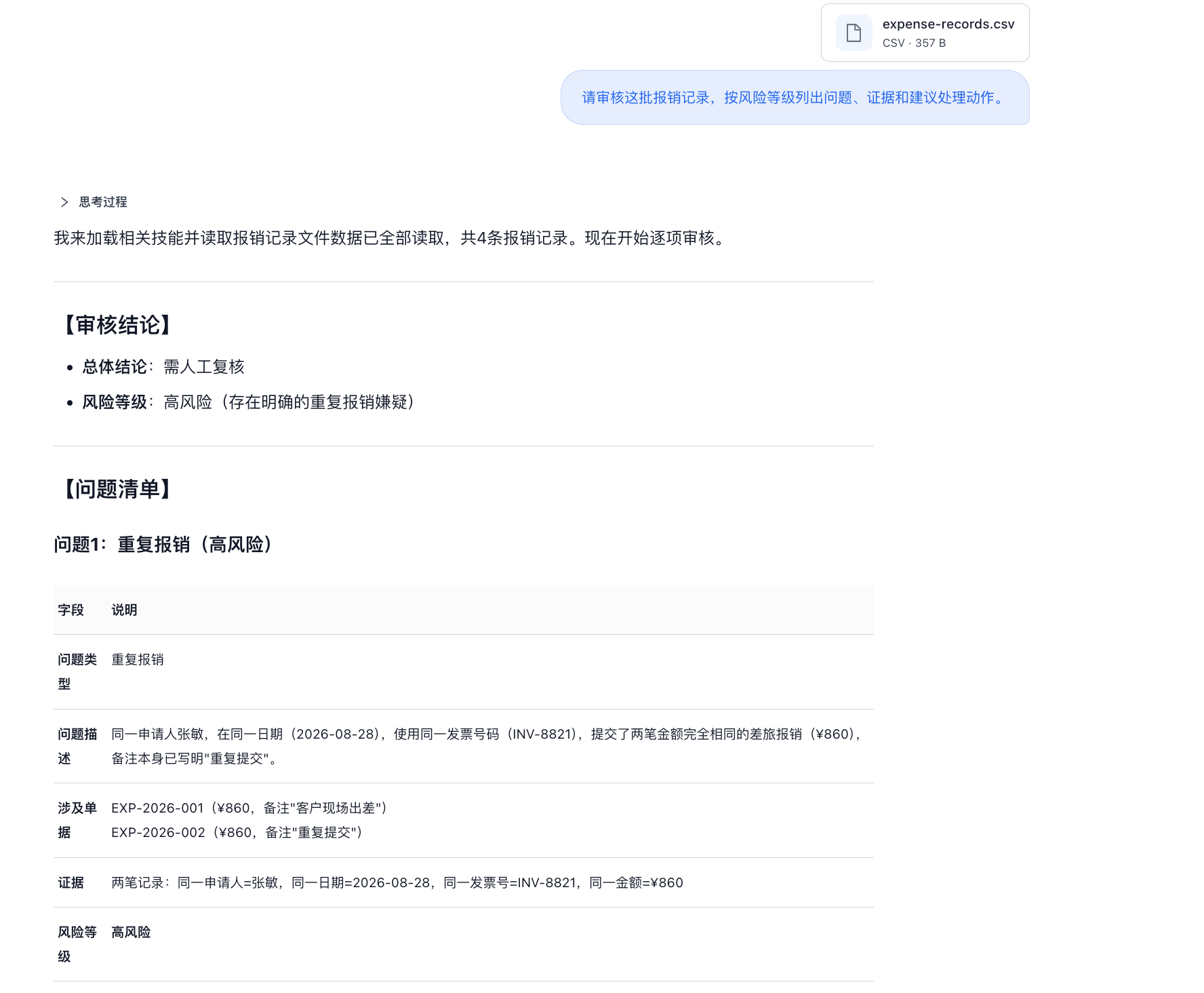 财务报销审核智能体返回审核结论和风险等级