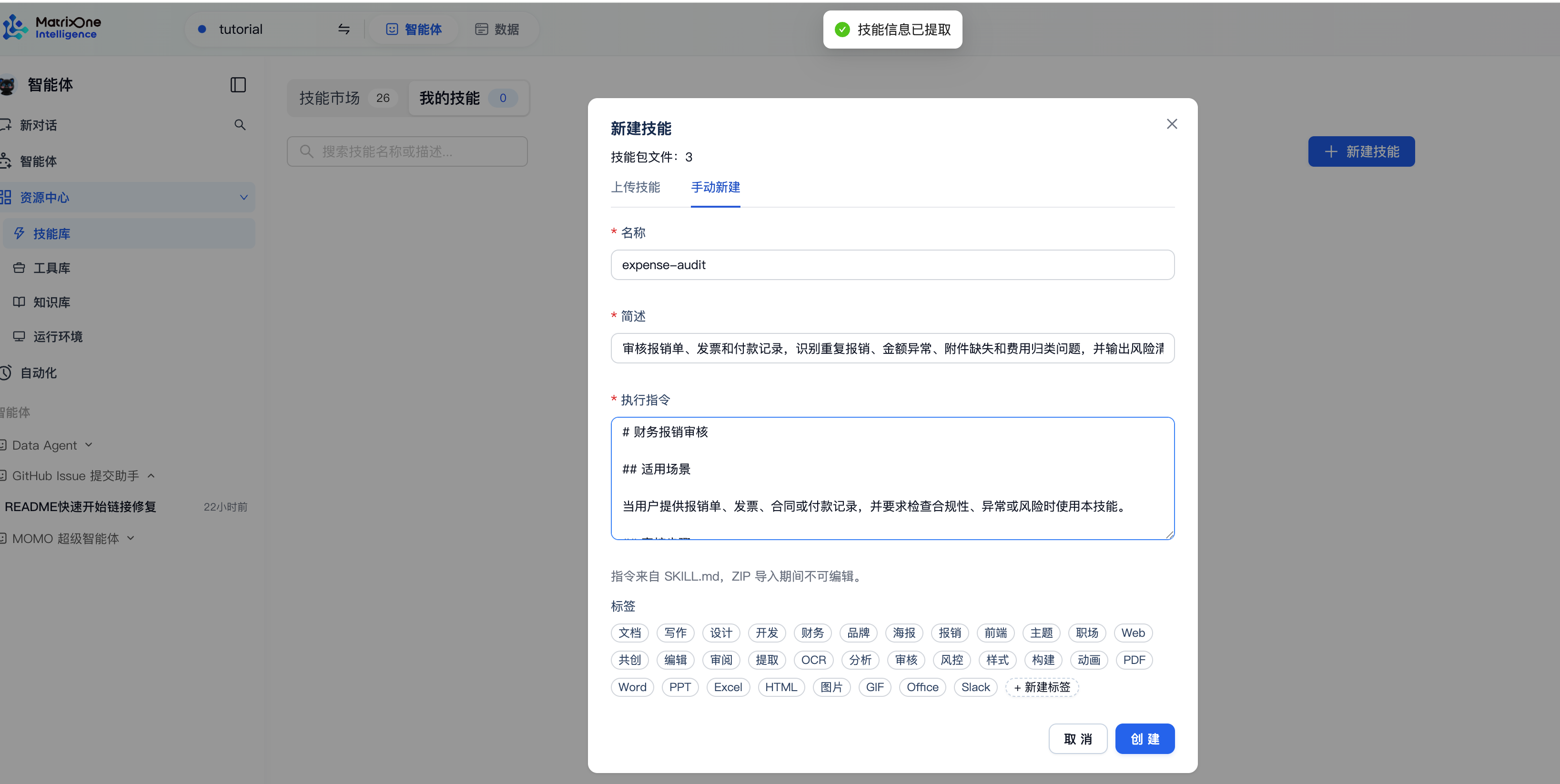 上传财务审核 Skill 后显示已提取的技能信息