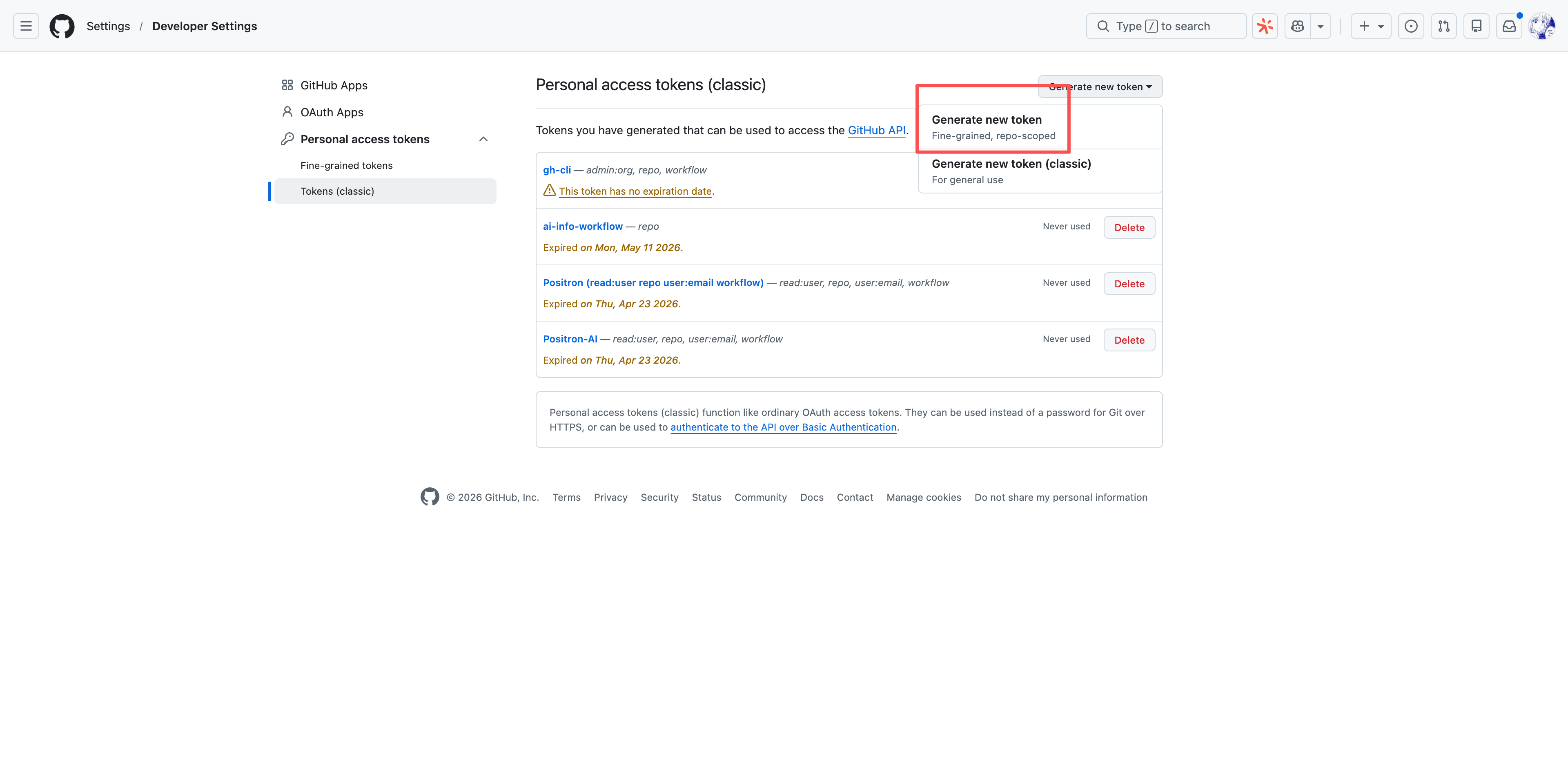 GitHub Personal access tokens 的 Tokens classic 页面。