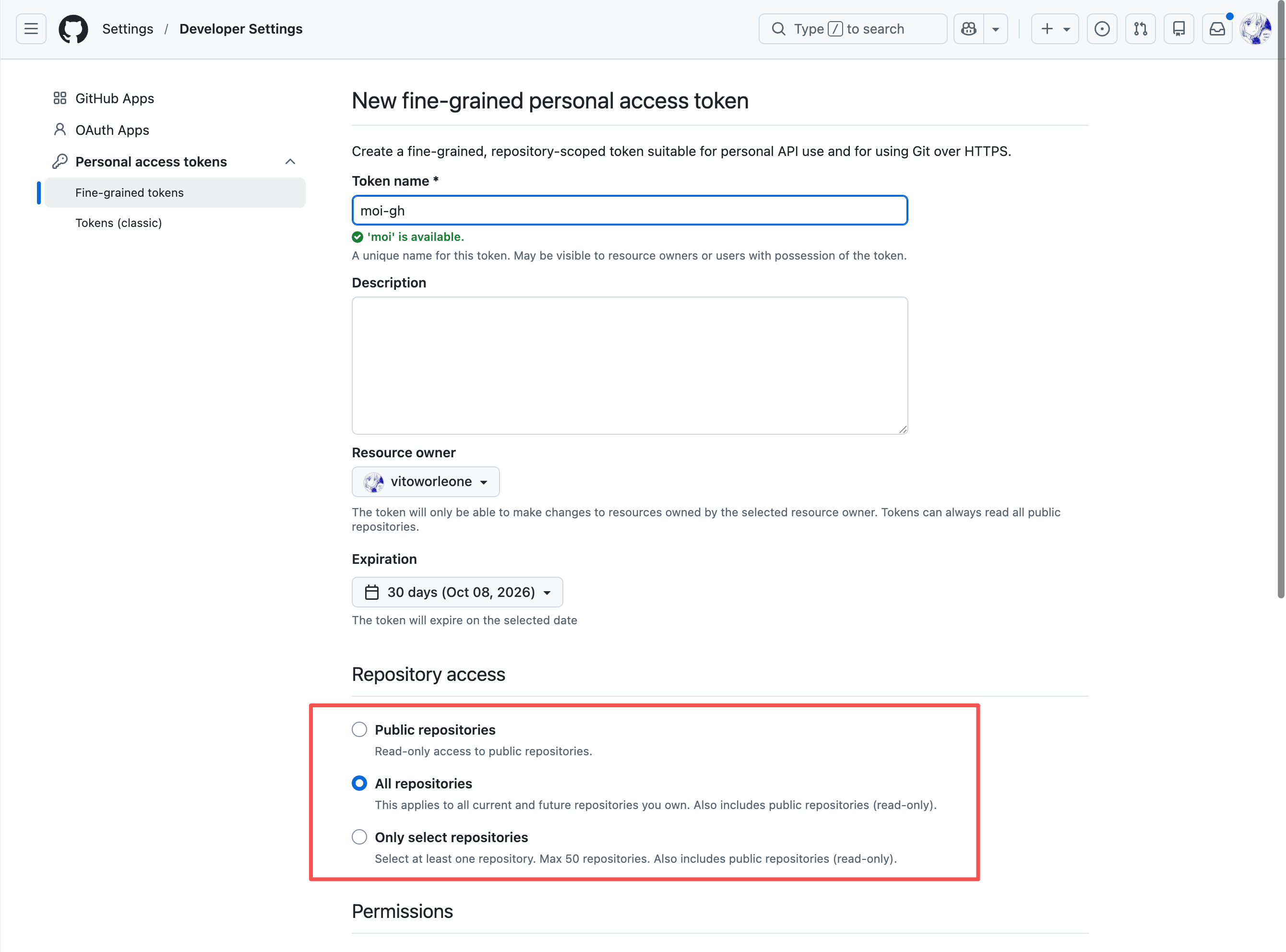GitHub 细粒度个人访问令牌创建页面中的 Repository access 设置。