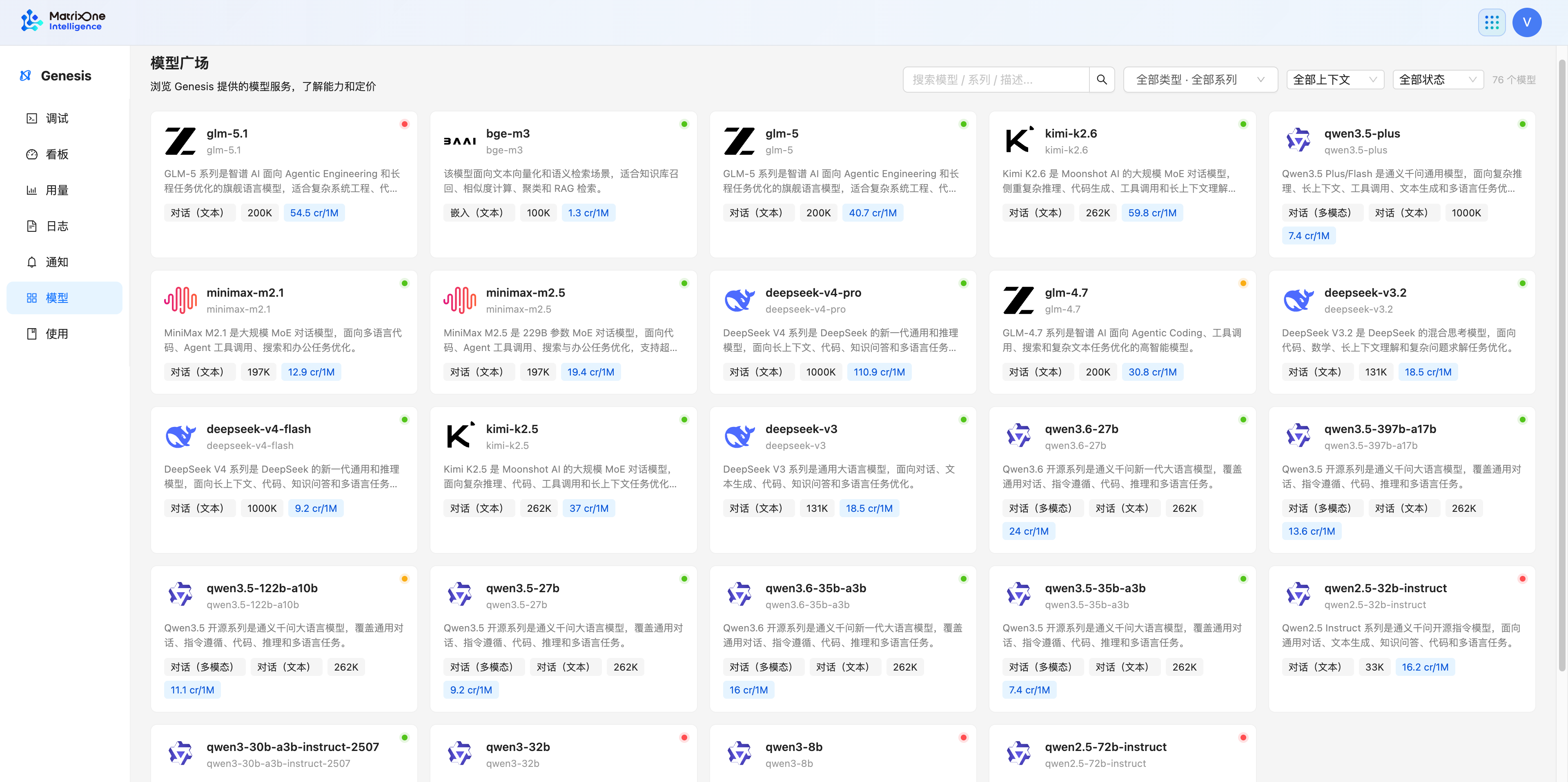 Genesis 模型广场,显示模型搜索、类型、系列、上下文和状态筛选器,以及模型卡片。