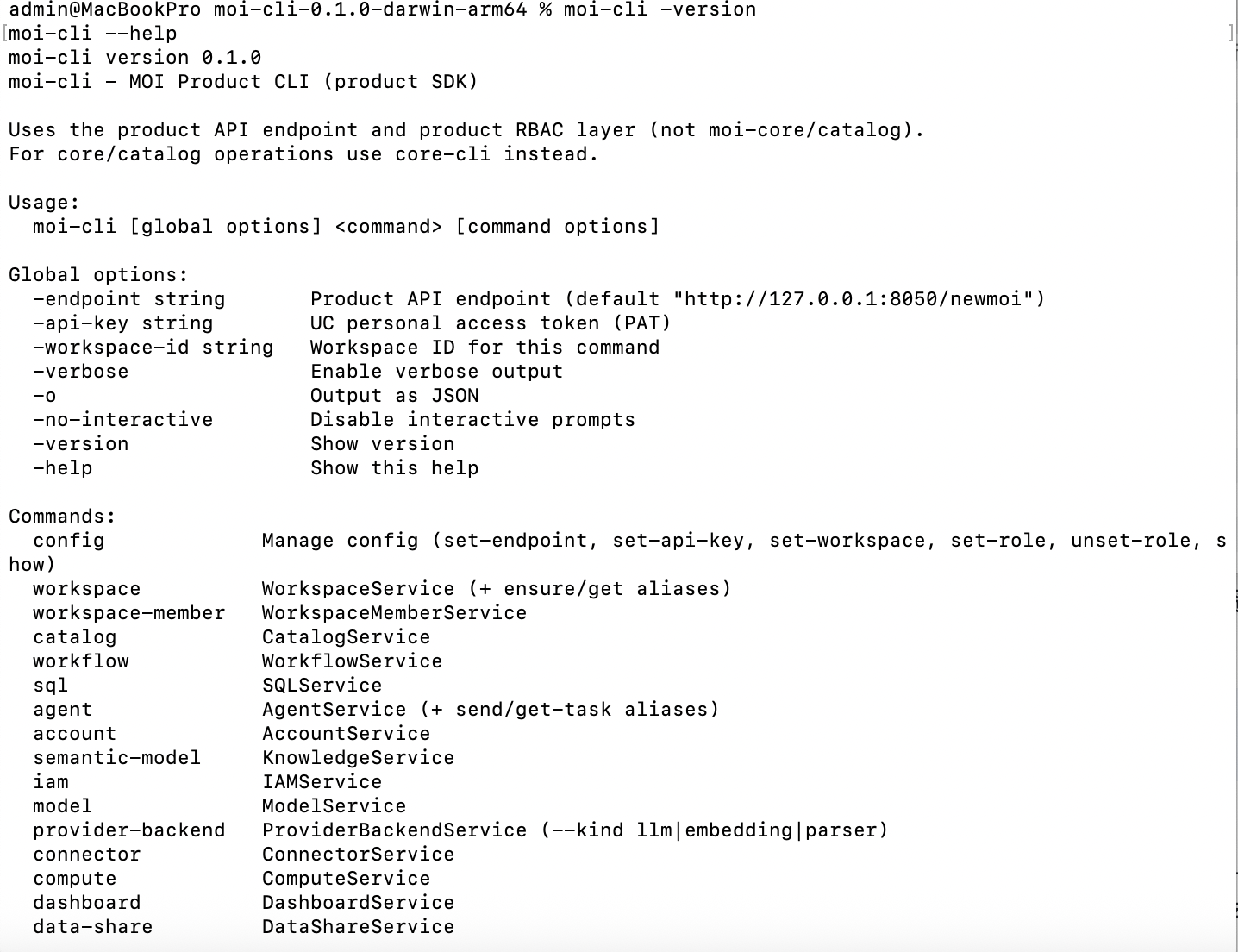 在终端执行 moi-cli -version 和 moi-cli --help，显示版本号、全局选项和命令列表