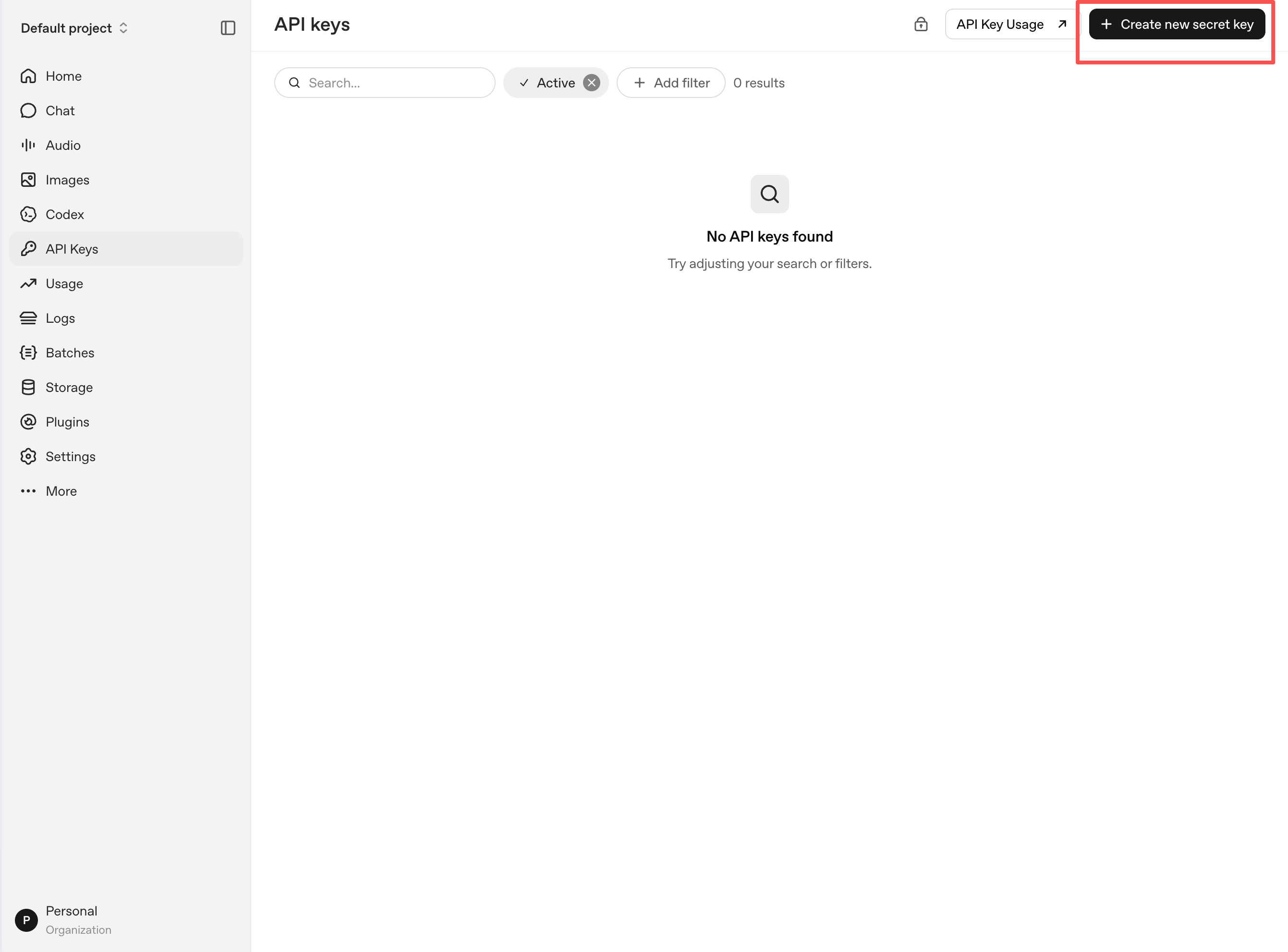 OpenAI API Keys 页面中的 Create new secret key 按钮。