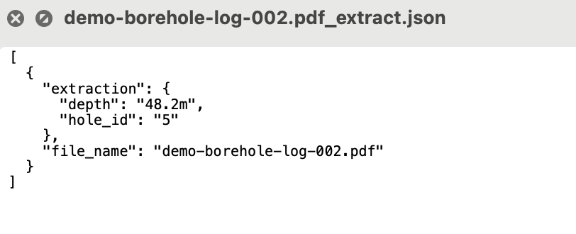 extract JSON 中包含 extraction 对象、孔深、钻孔编号和源文件名