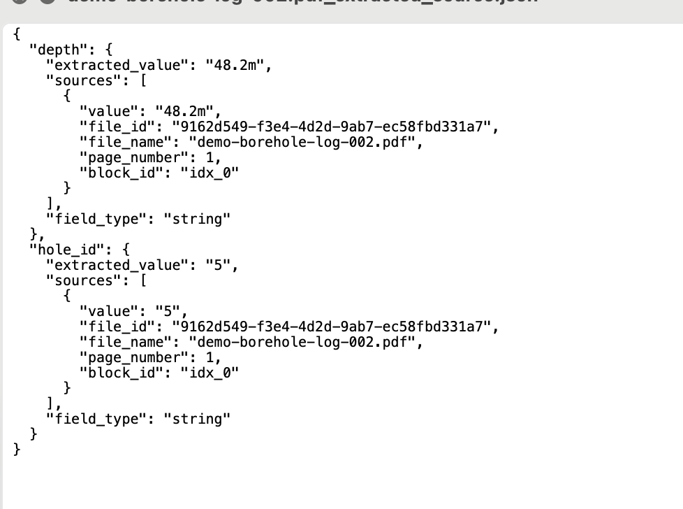 extracted sources JSON 中记录孔深和钻孔编号各自对应的来源位置