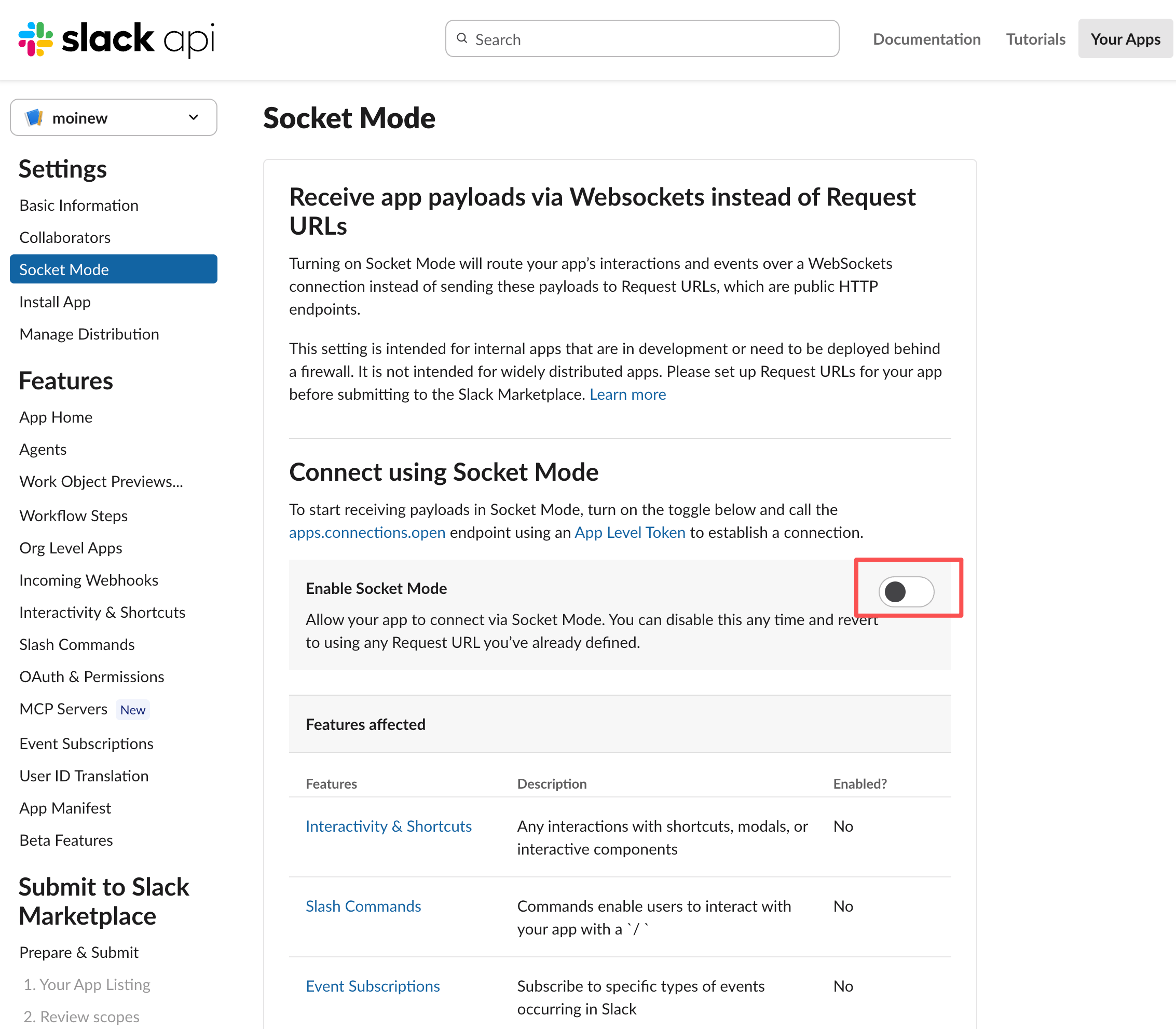 Slack Socket Mode 页面中的 Enable Socket Mode 开关。