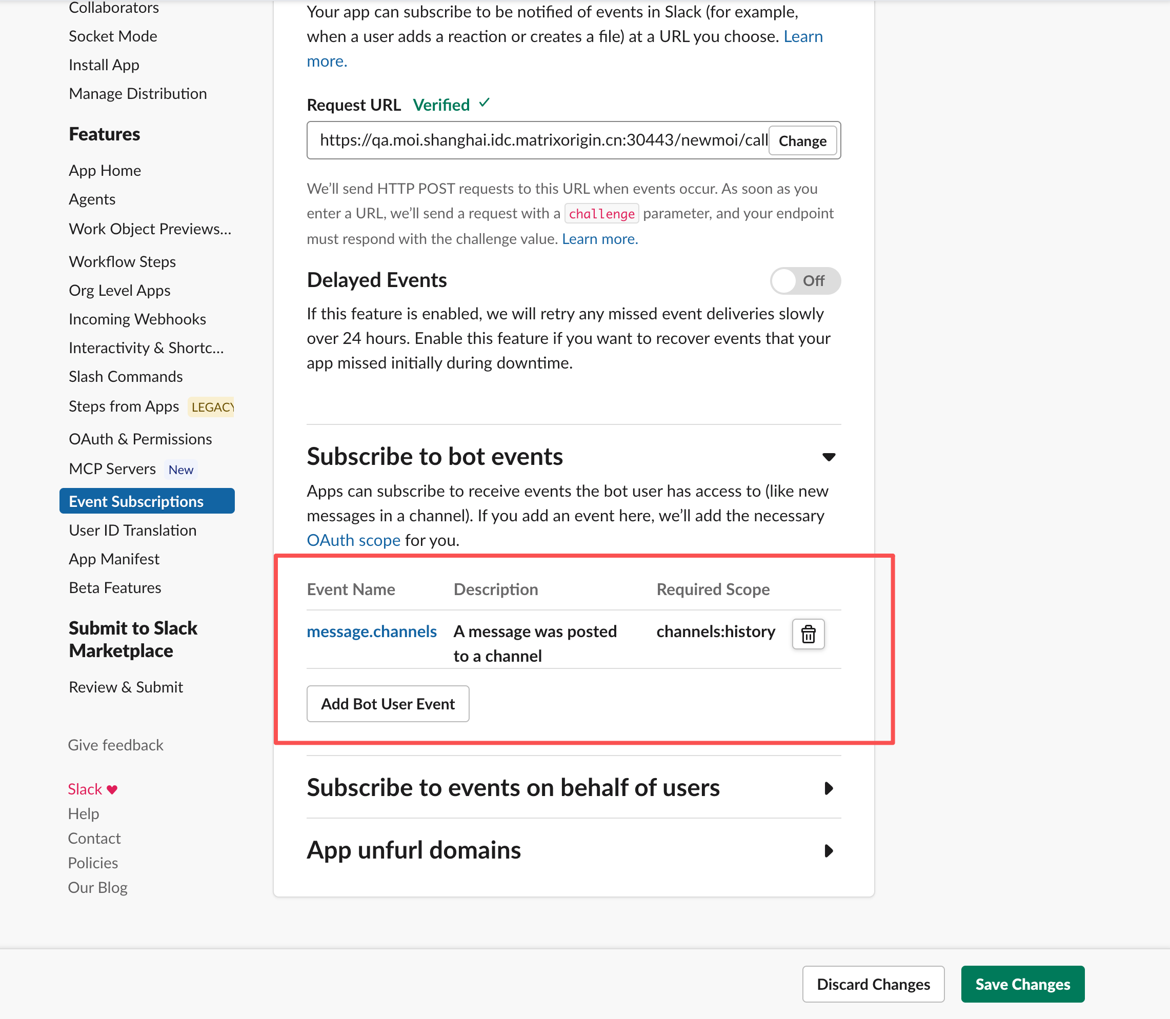 Slack 已验证 Request URL，并在 Subscribe to bot events 中订阅 message.channels。