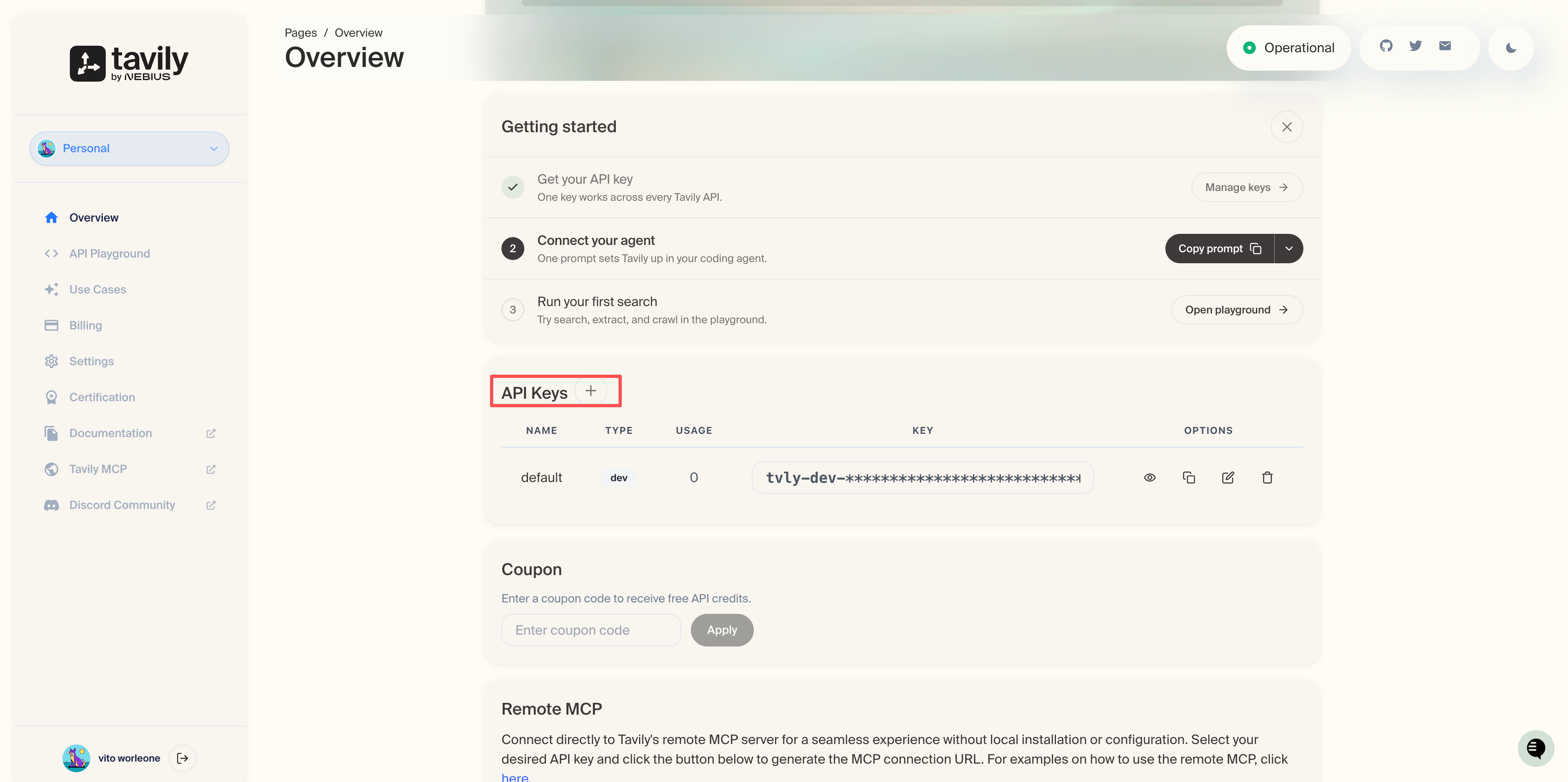 Tavily 控制台中的 API Keys 区域和创建按钮。